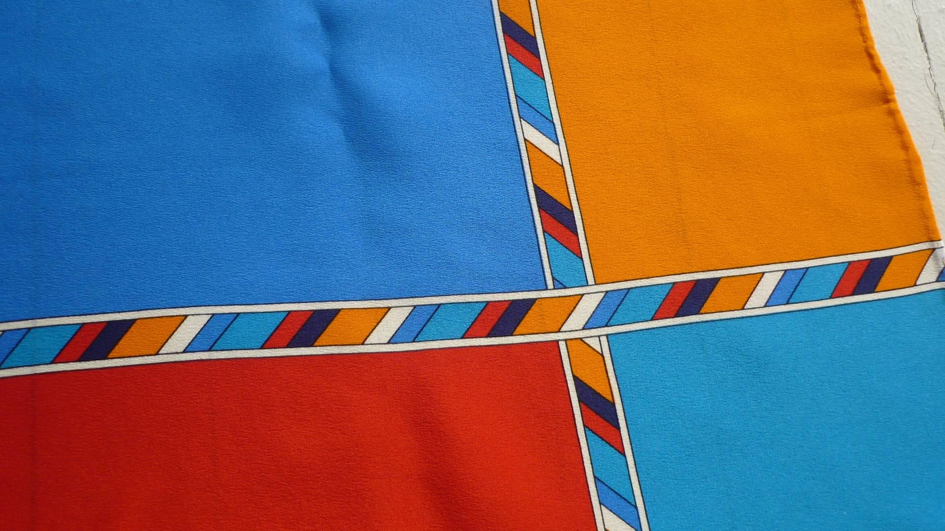 Blue 1970s Yves Saint Laurent Neon Color Block Silk Scarf
