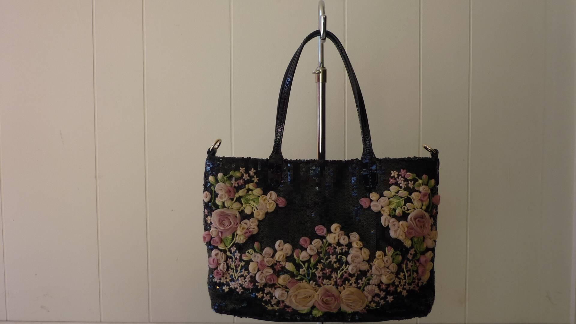 Black Valentino Floral Sequin Tote Bag w/Dust Bag