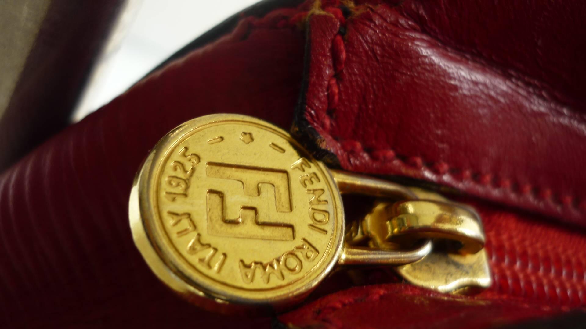 1990s Unusual Red Leather Fendi Handbag with Janus Roman Heads Medallion 1