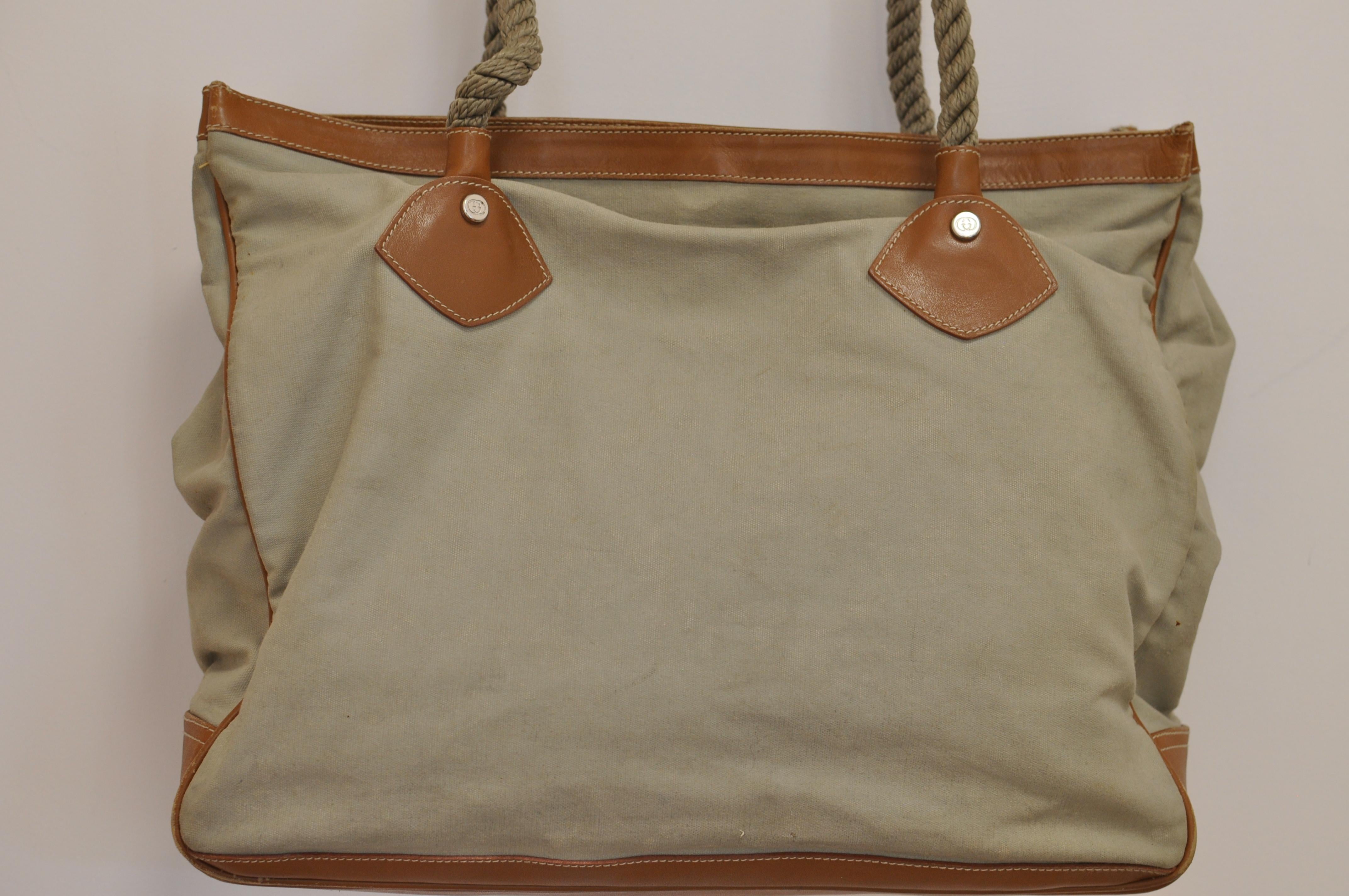1980s Gucci Khaki Canvas and Brown Leather Nautical Bag 002-115-00207 1