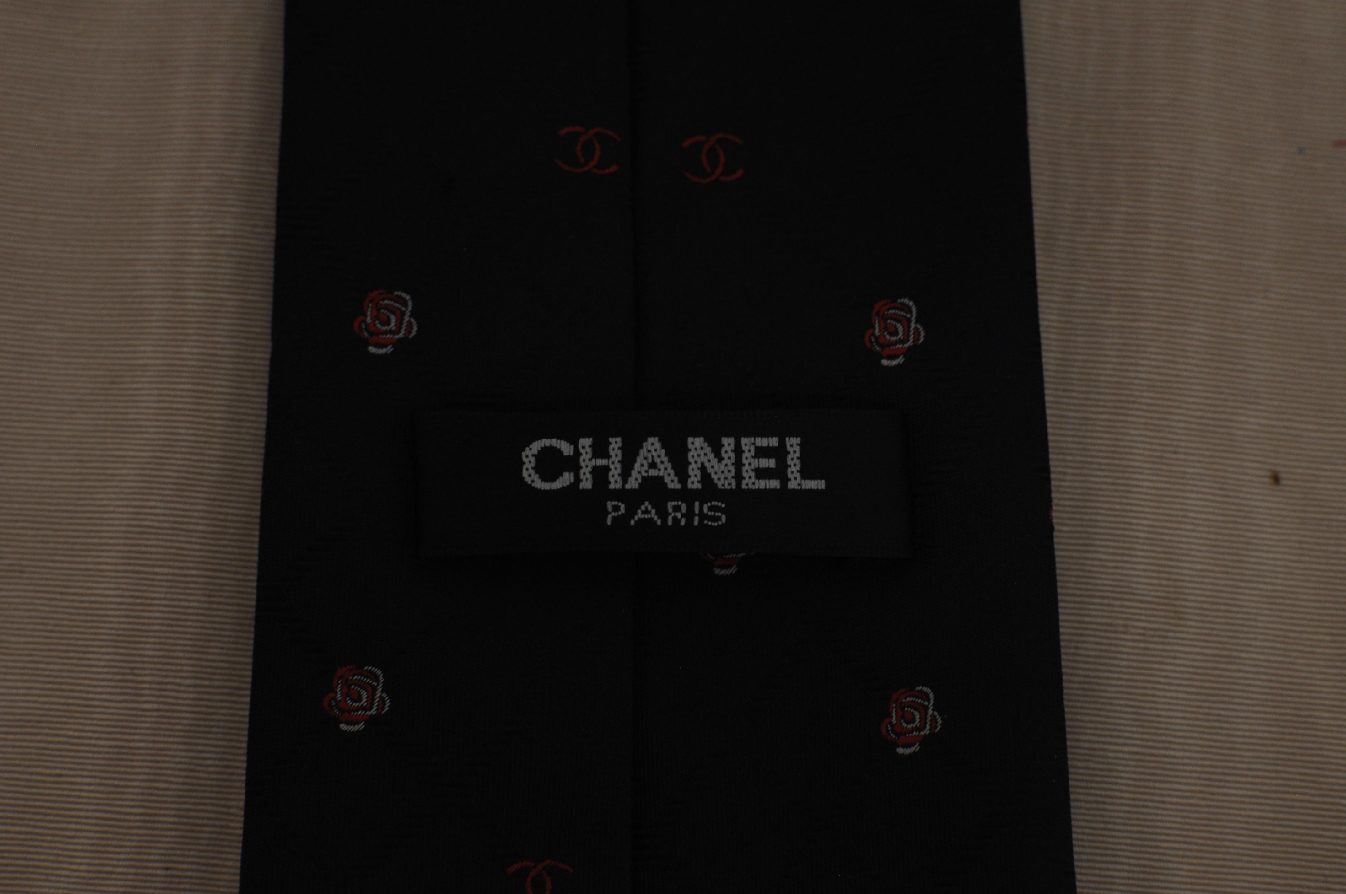 Chanel Black Silk Tie with Red and White Chanel Logo and Camellia Print, 1990s  In Good Condition In Port Hope, ON
