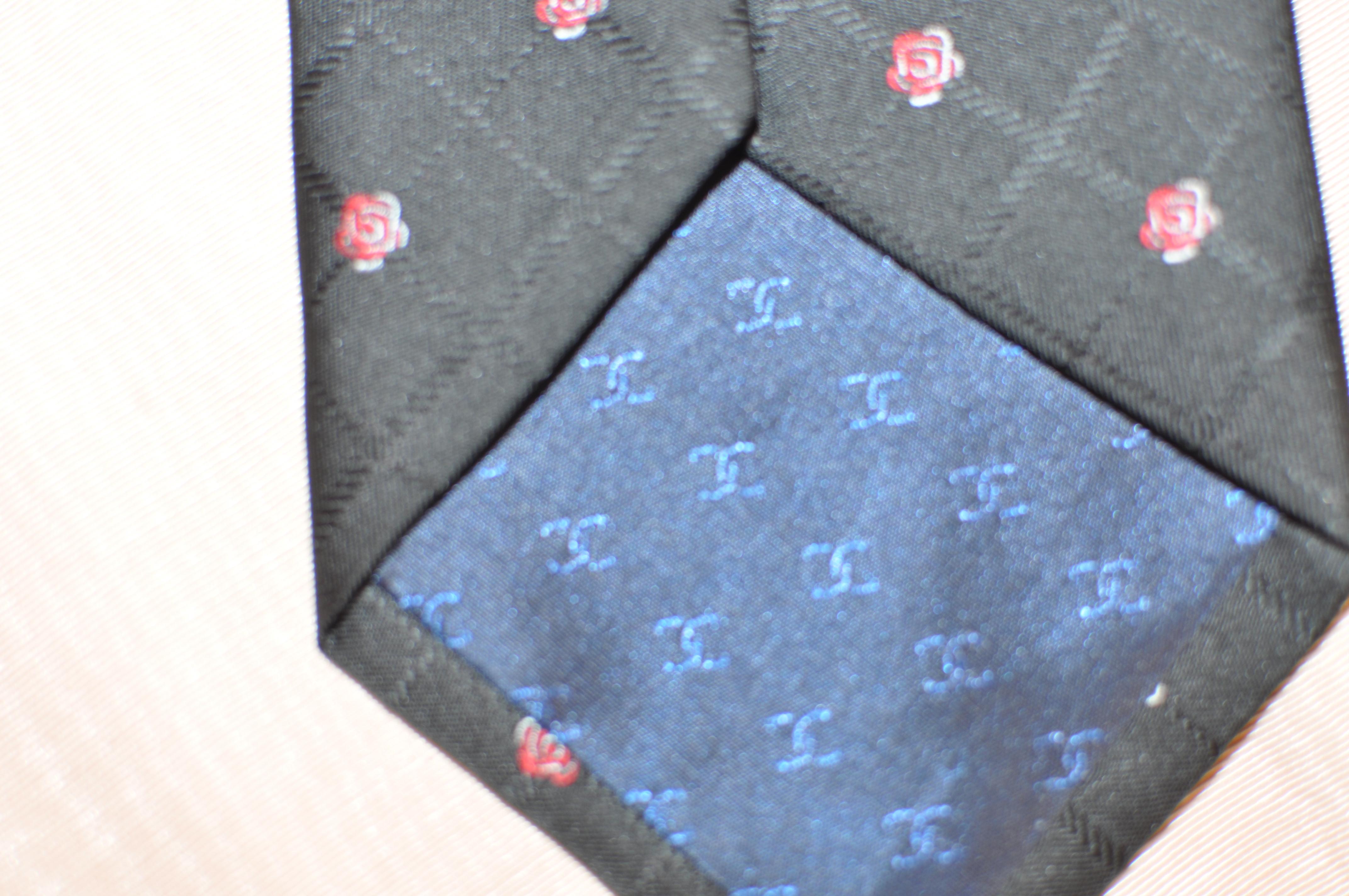 Chanel Black Silk Tie with Red and White Chanel Logo and Camellia Print, 1990s  1