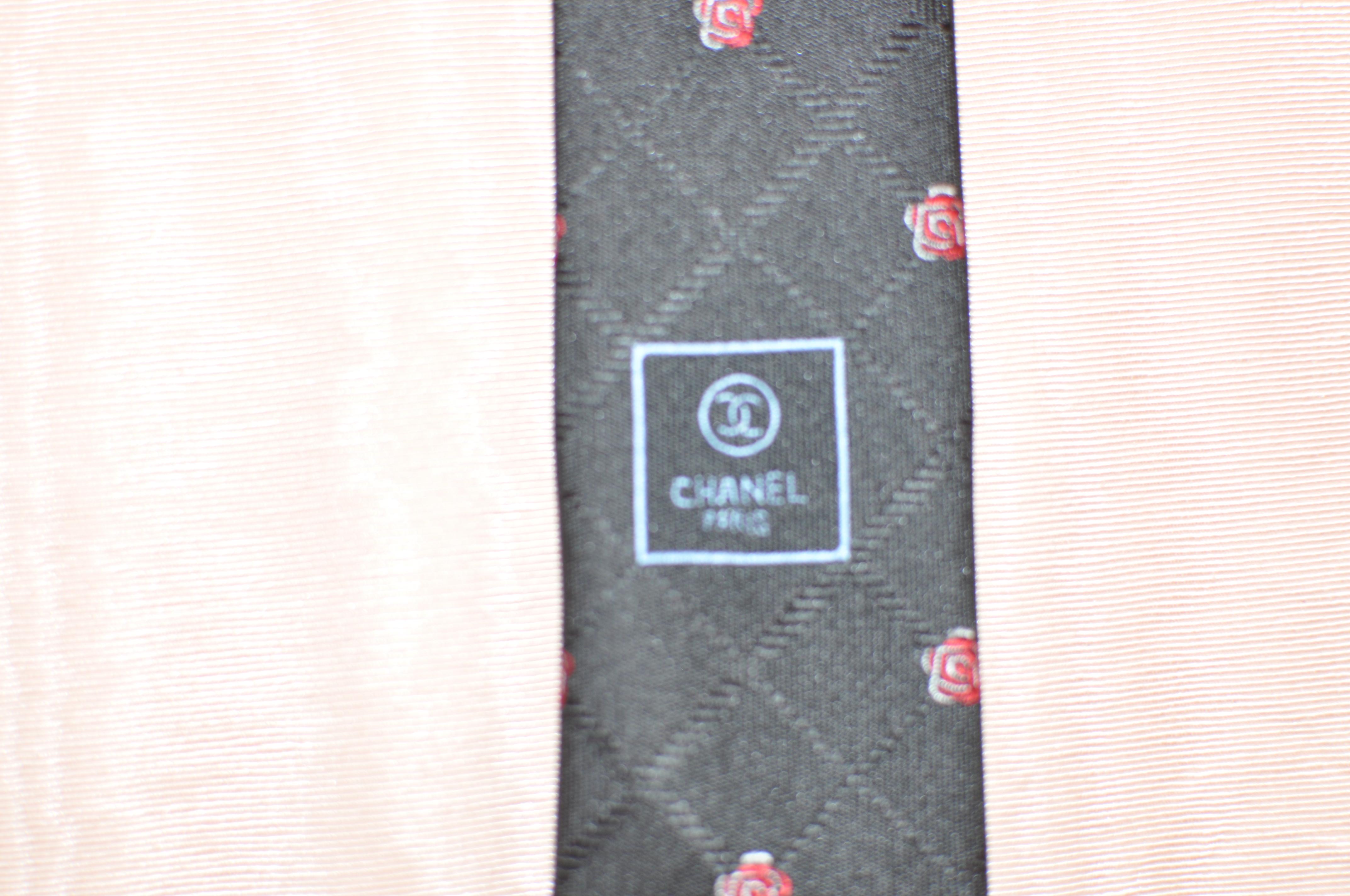 Chanel Black Silk Tie with Red and White Chanel Logo and Camellia Print, 1990s  2