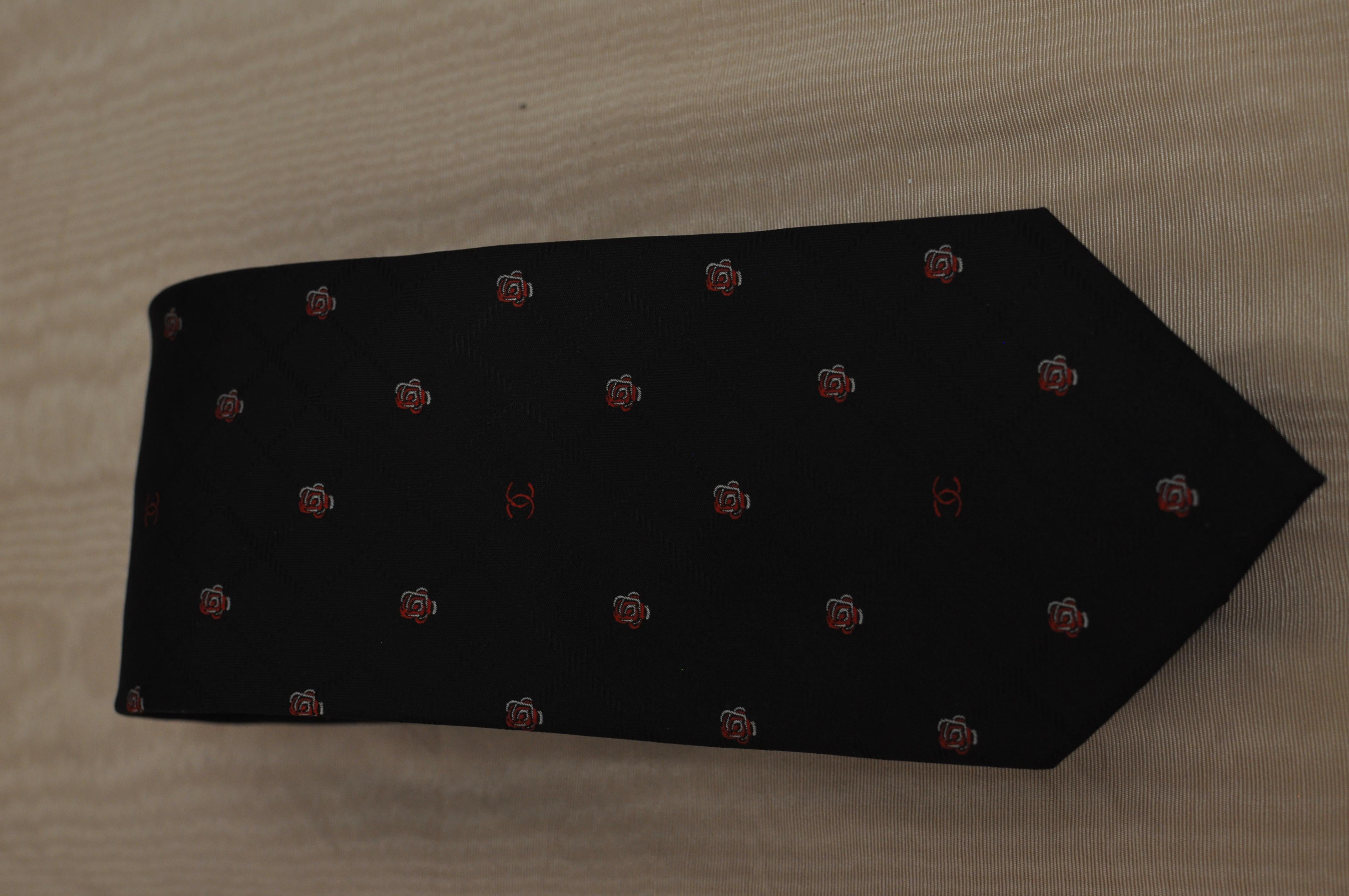Chanel Black Silk Tie with Red and White Chanel Logo and Camellia Print, 1990s  3
