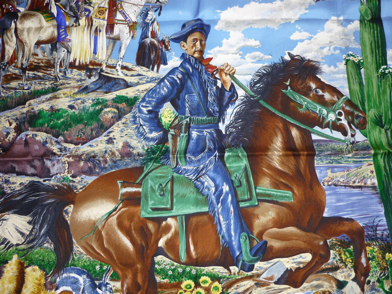 1993 Hermes "The Pony Express" Foulard en soie par Kermit Oliver avec boîte