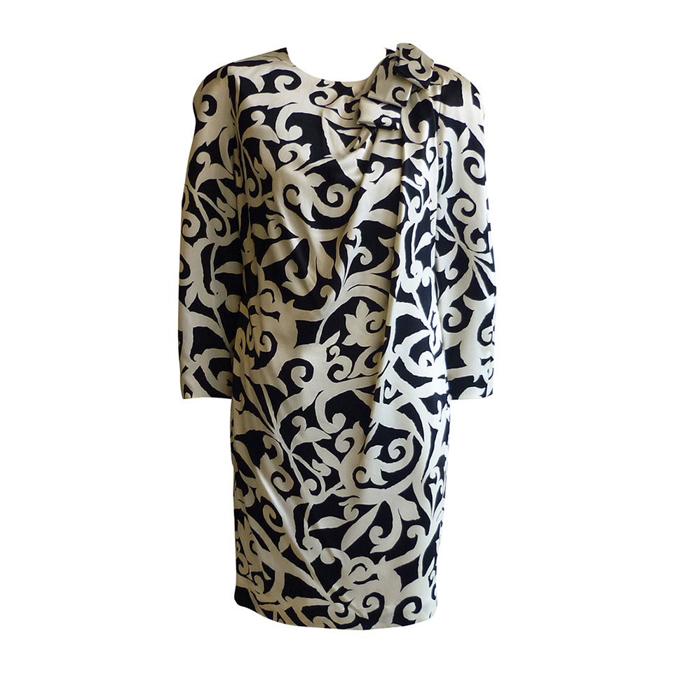 Scaasi Black and Cream Silk Dress, 1980s 