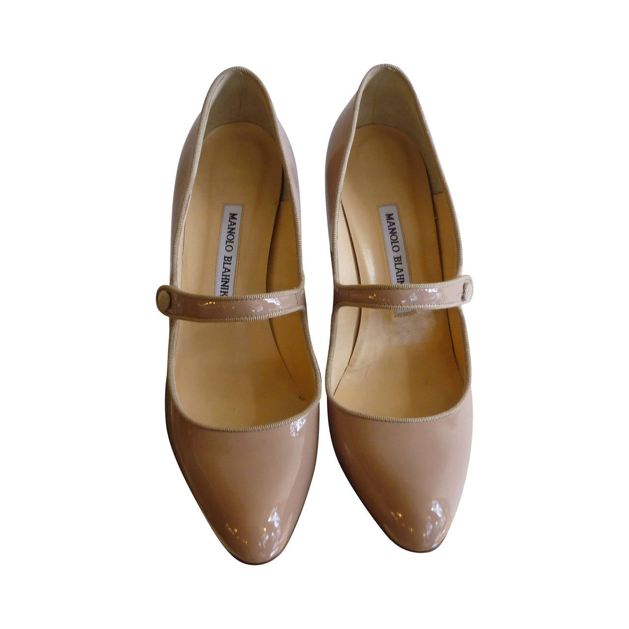 Beautiful Manolo Blahnik Beige Patent Campari Mary Jane Shoes 38.5