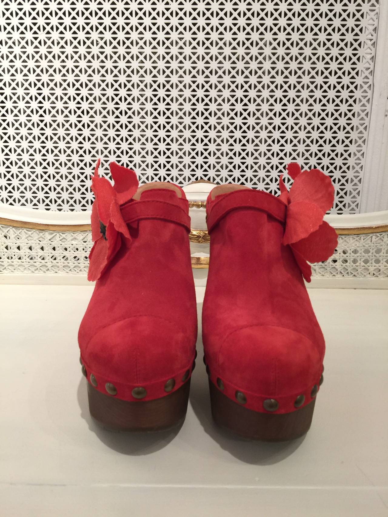 Chanel Red Suede Camelia Clogs 391/2 1