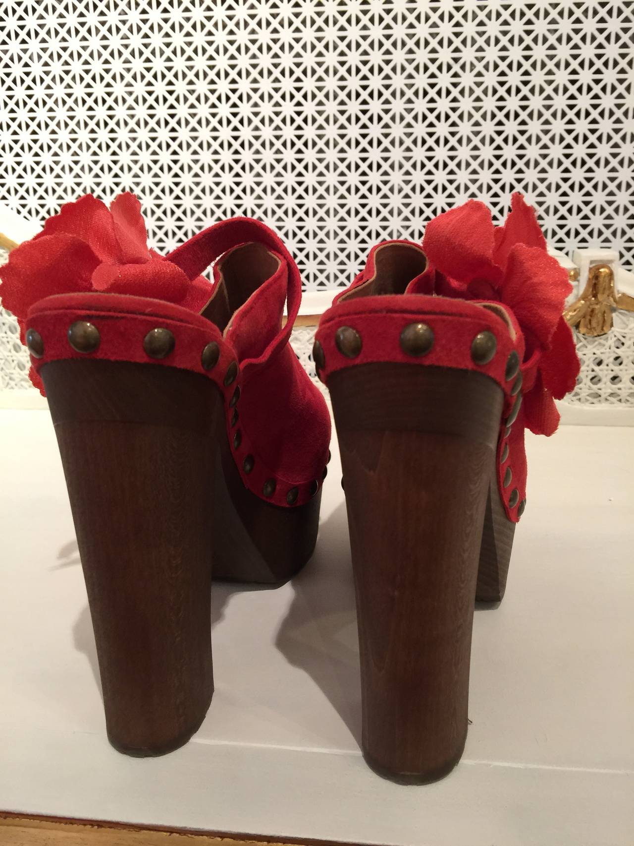 Women's Chanel Red Suede Camelia Clogs 391/2