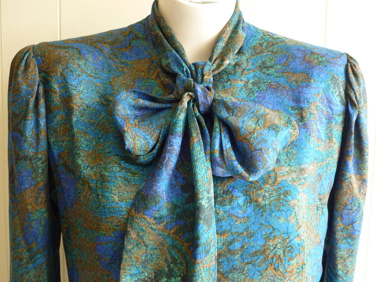 Blue 1980s Jean Louis Scherrer Silk Impressionist Floral Dress # 511303