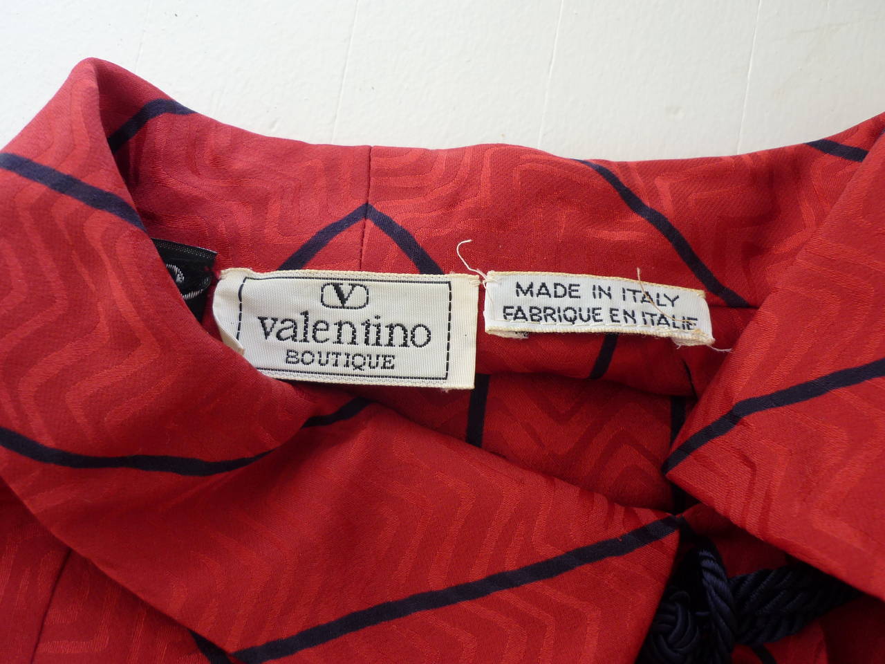 1980s Valentino Red Chevron Pattern with Navy Blue Trim Silk Blouse 1