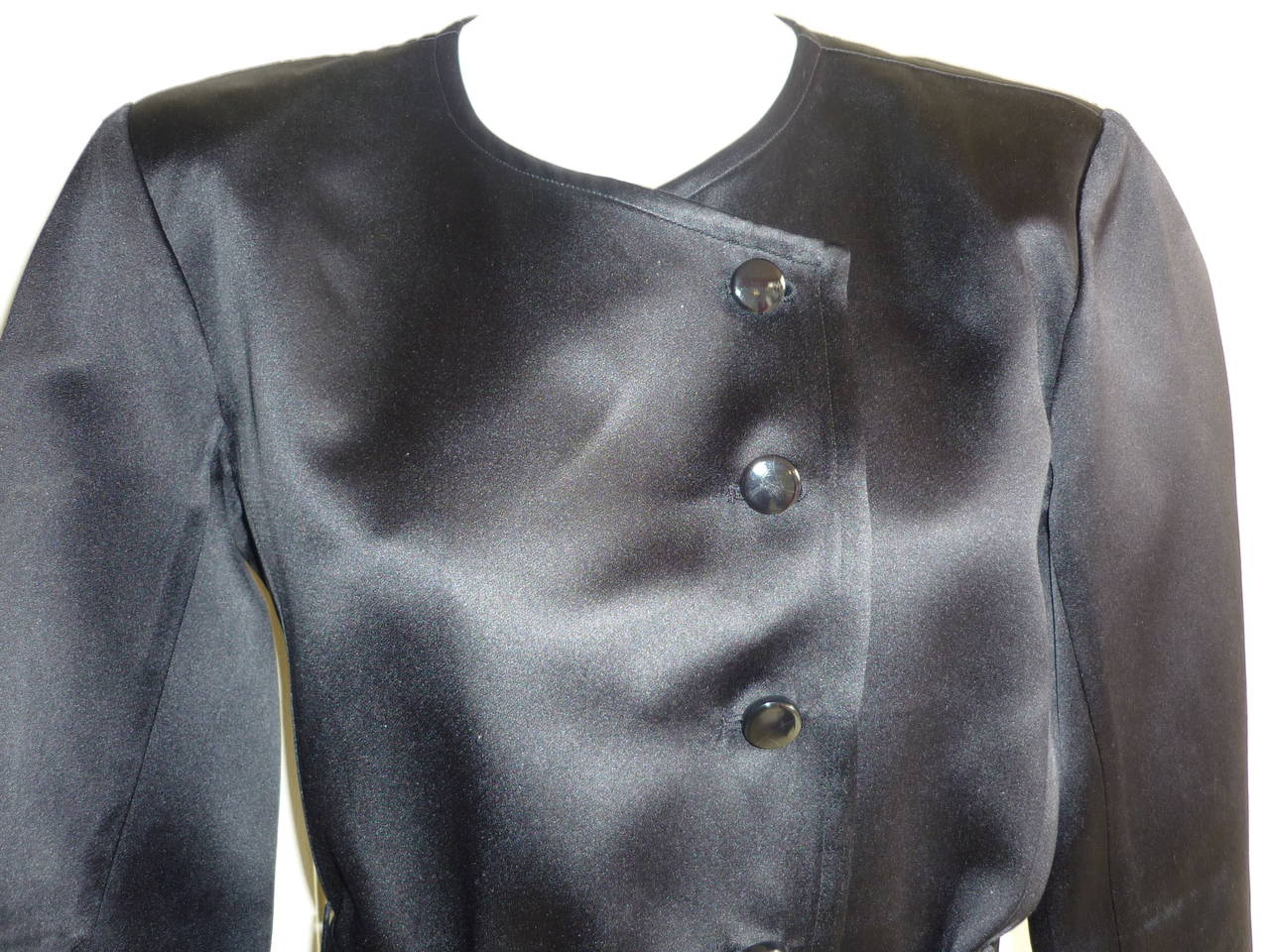 Women's Remarkable Yves Saint Laurent RG Black Peau De Soie Skirt Suit, 1980s