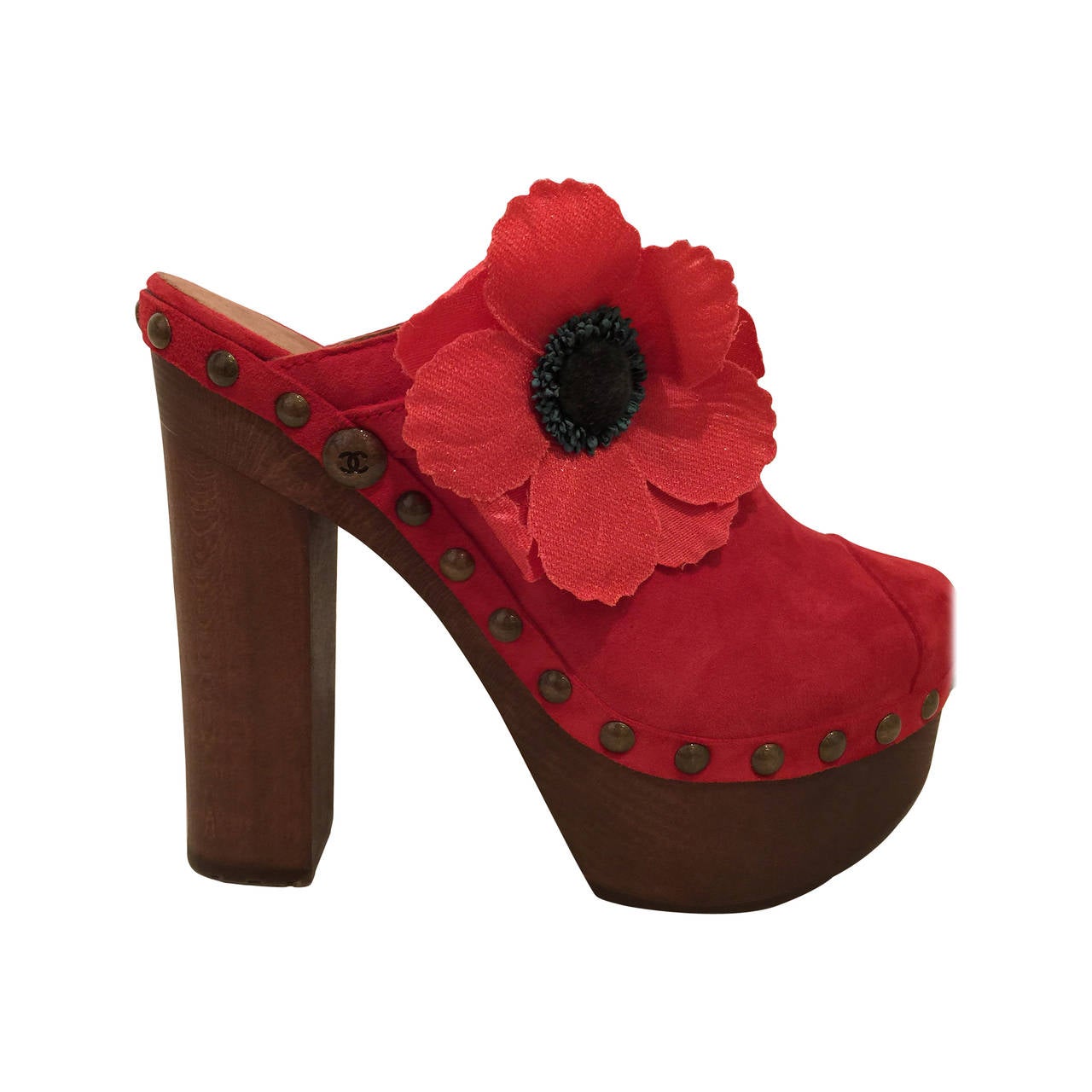 Chanel Red Suede Camelia Clogs 391/2