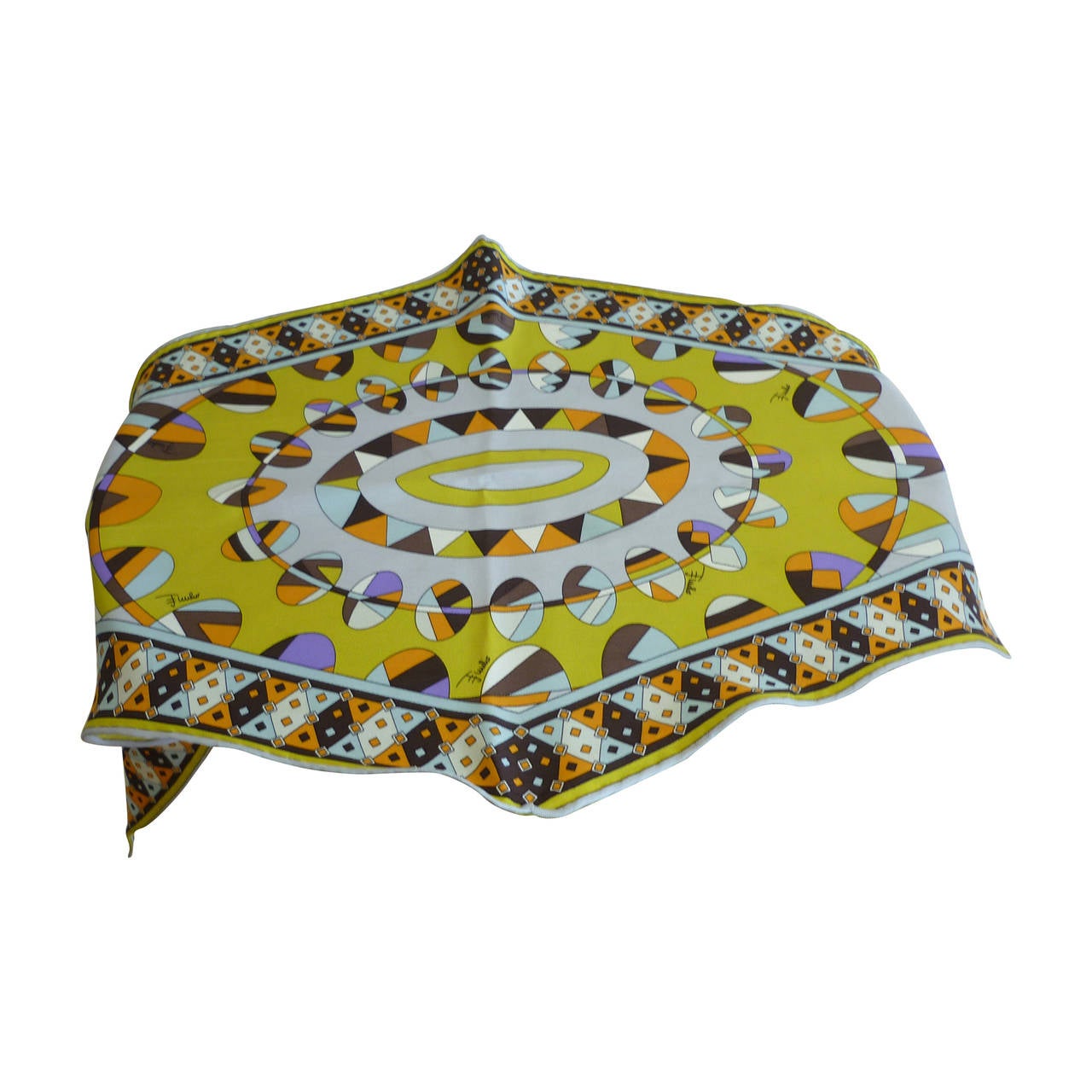 Emilio Pucci Diamond Shaped "Atom" Yellow Silk Twill Scarf