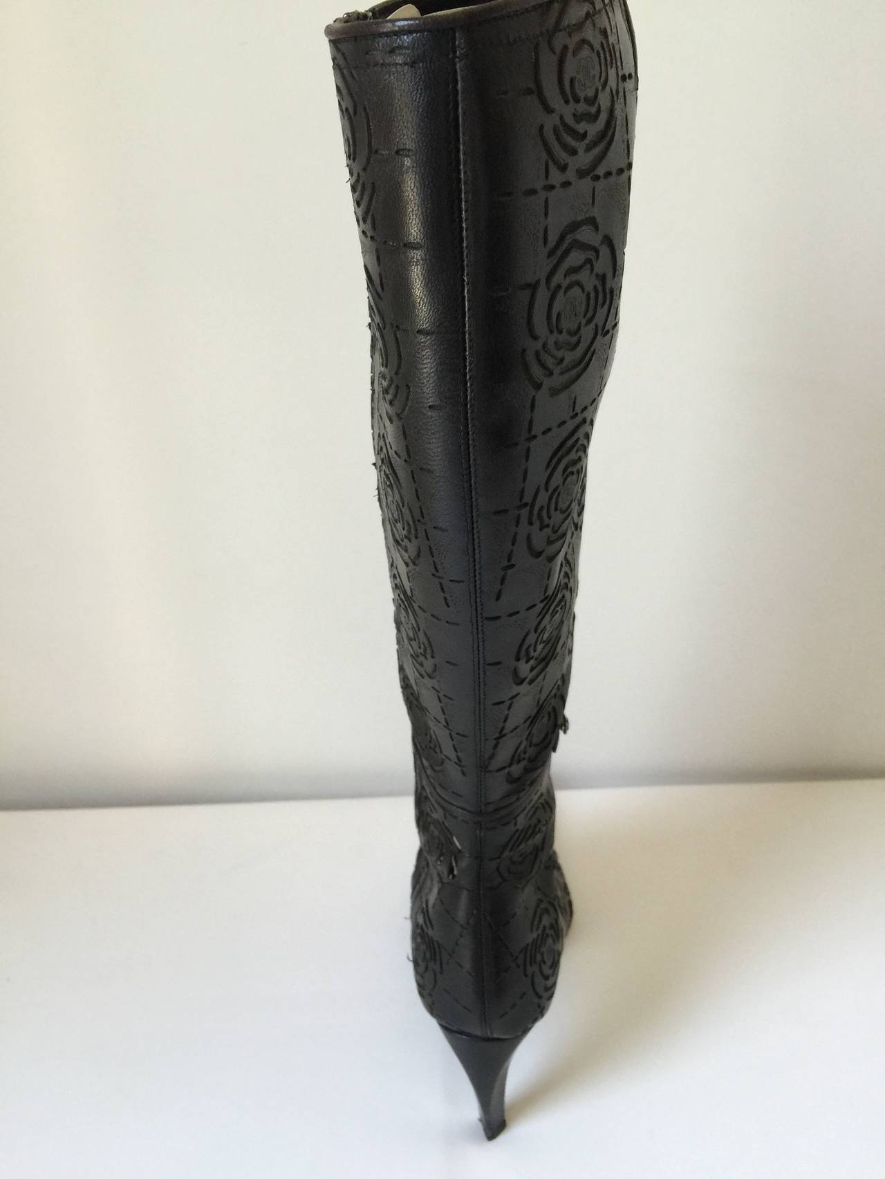 Black Chanel Camelia Embossed Knee high Boots 371/2