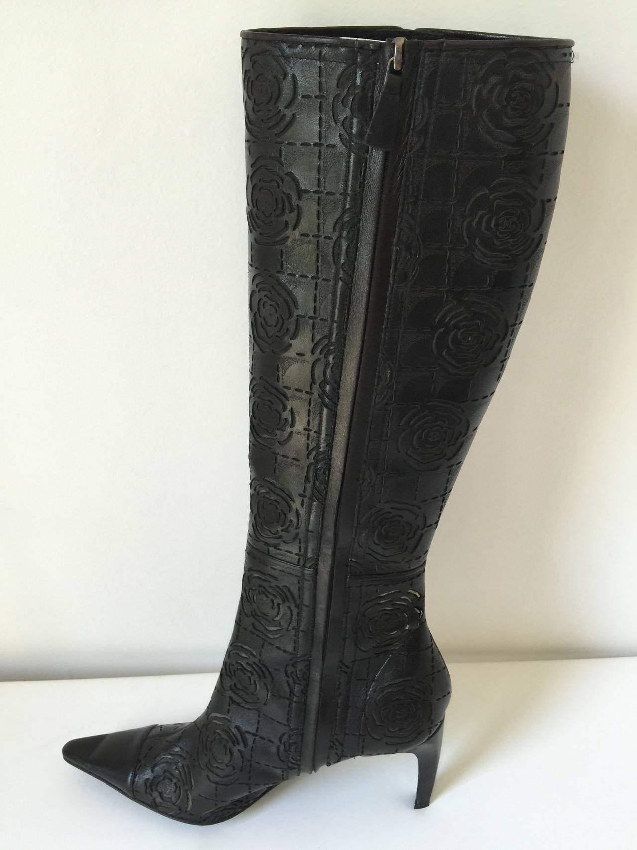 Chanel Camelia Embossed Knee high Boots 371/2 1