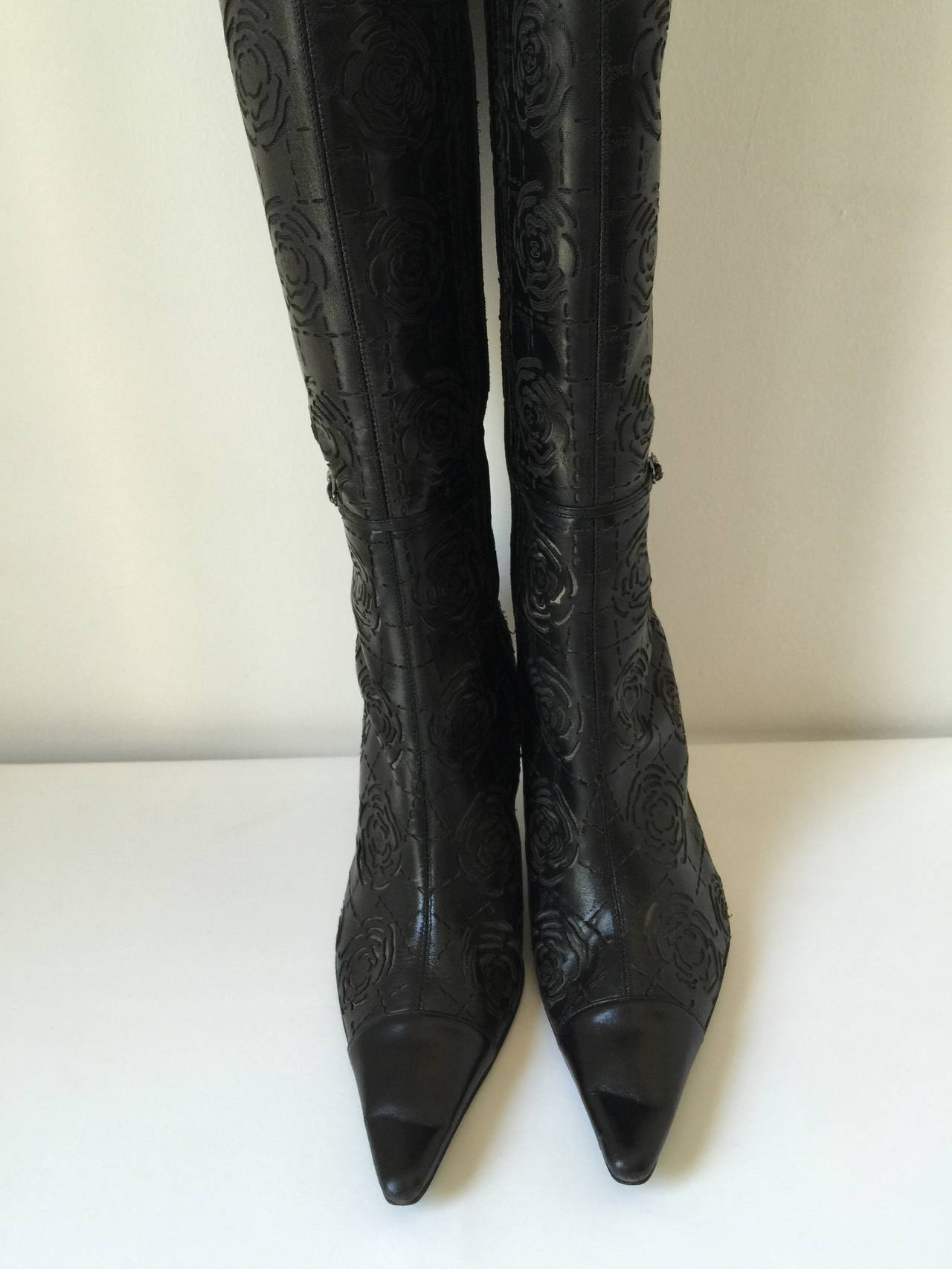 Women's Chanel Camelia Embossed Knee high Boots 371/2