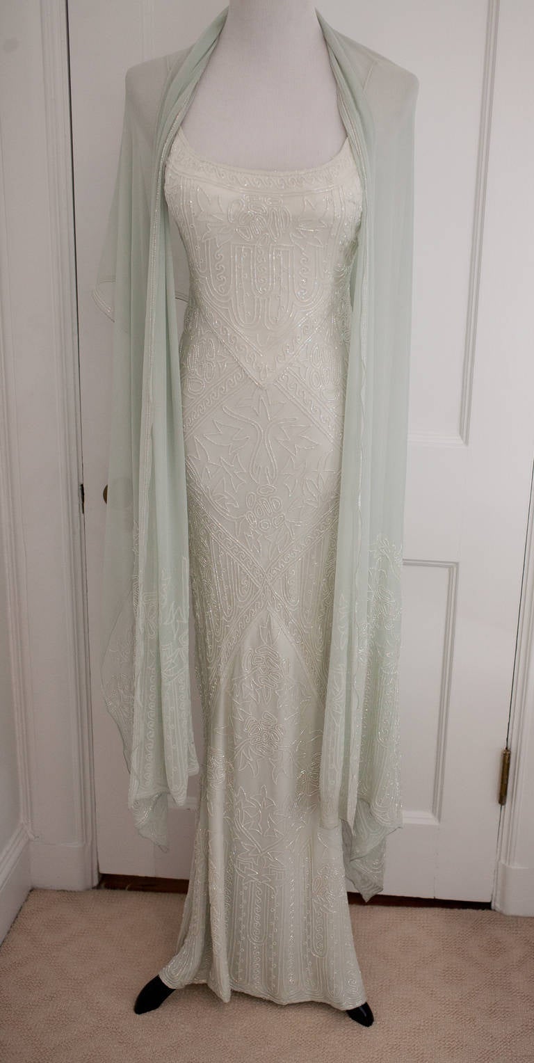 Eavis & Brown Stunning Long Beaded Aquamarine Dress