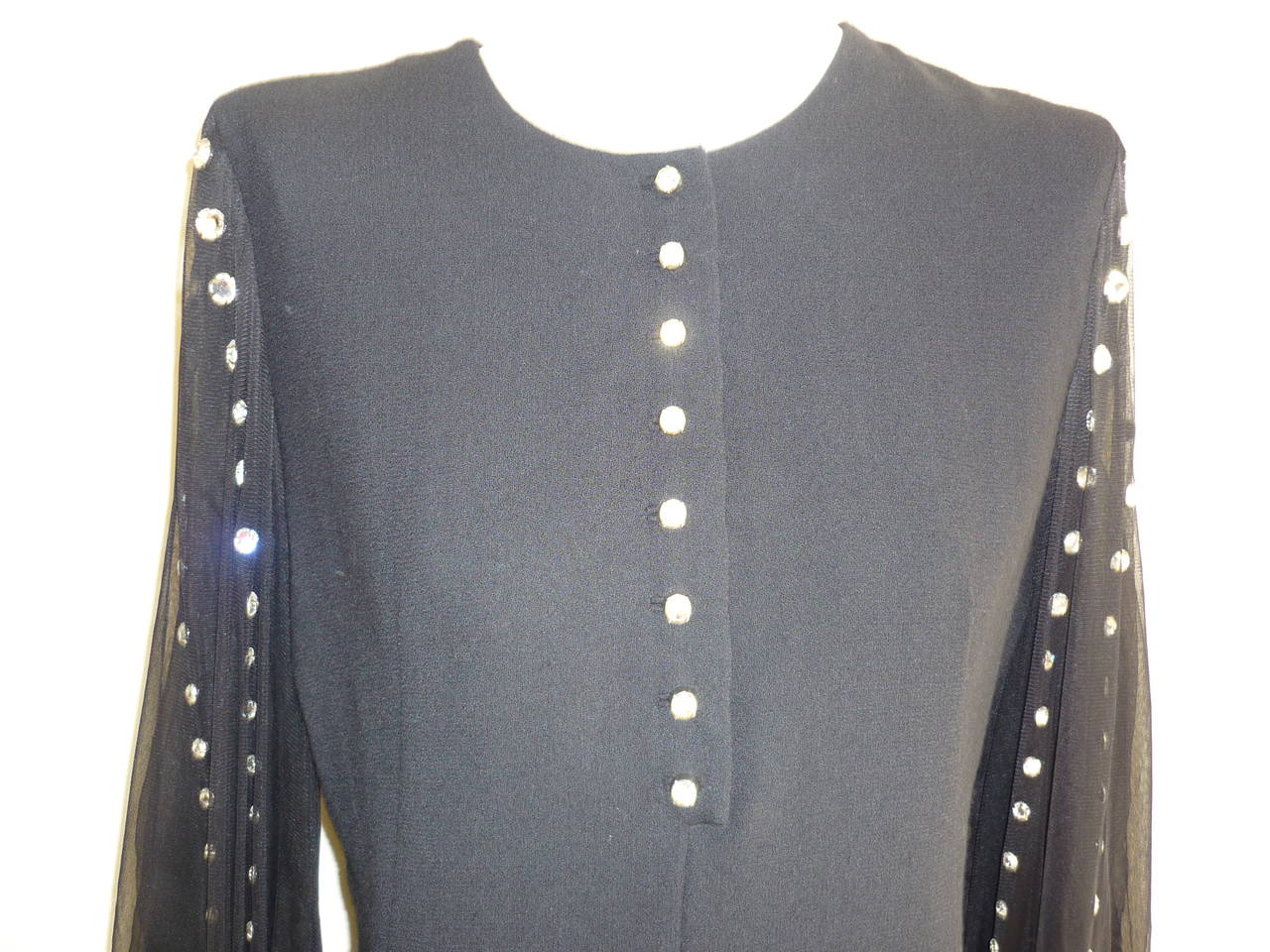 Black Pauline Trigere Wool Dress with See Through Sleeves, 1980s  
