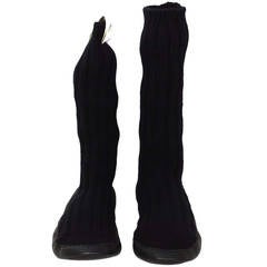 CHANEL NWT Black Cashmere Knit Sock Slipper Shoe w/ Leather sz L