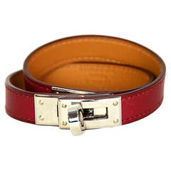 HERMES Red Leather Kelly Double Tour Bracelet PHW Small