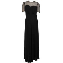 Vintage 1930s Black crepe & black chiffon rhinestone evening dress