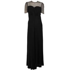 1930s Black crepe & black chiffon rhinestone evening dress