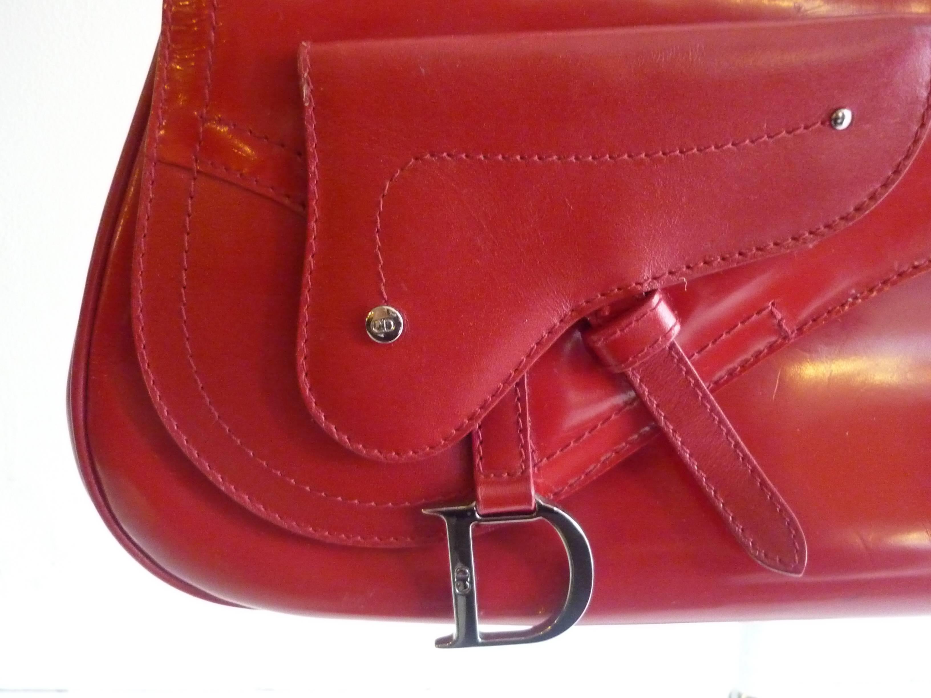 Black Christian Dior Smooth Red Leather Saddle Bag