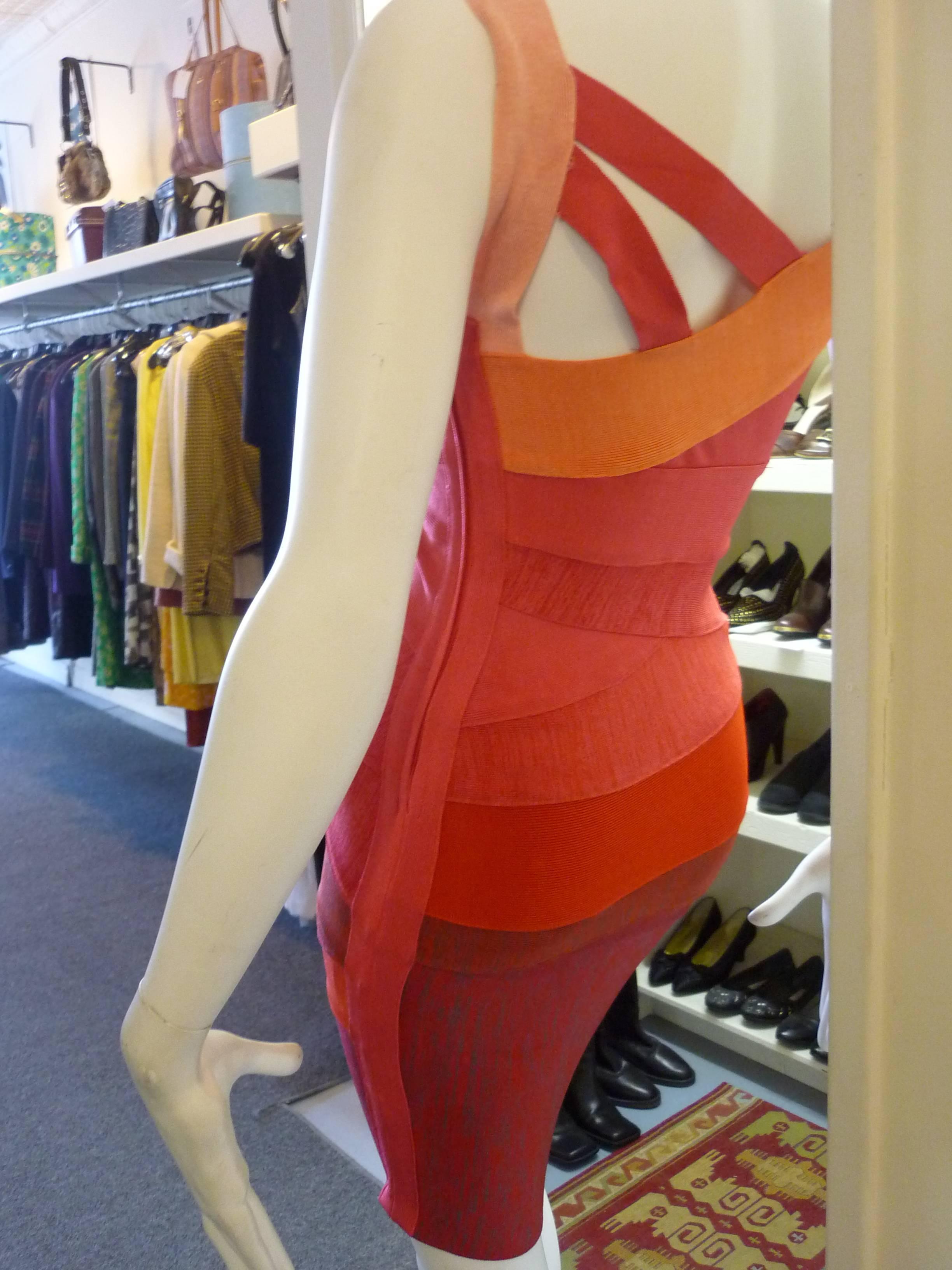 Herve Leger Asymmetric Orange Ombre Bandage Dress (S) In Good Condition In Port Hope, ON