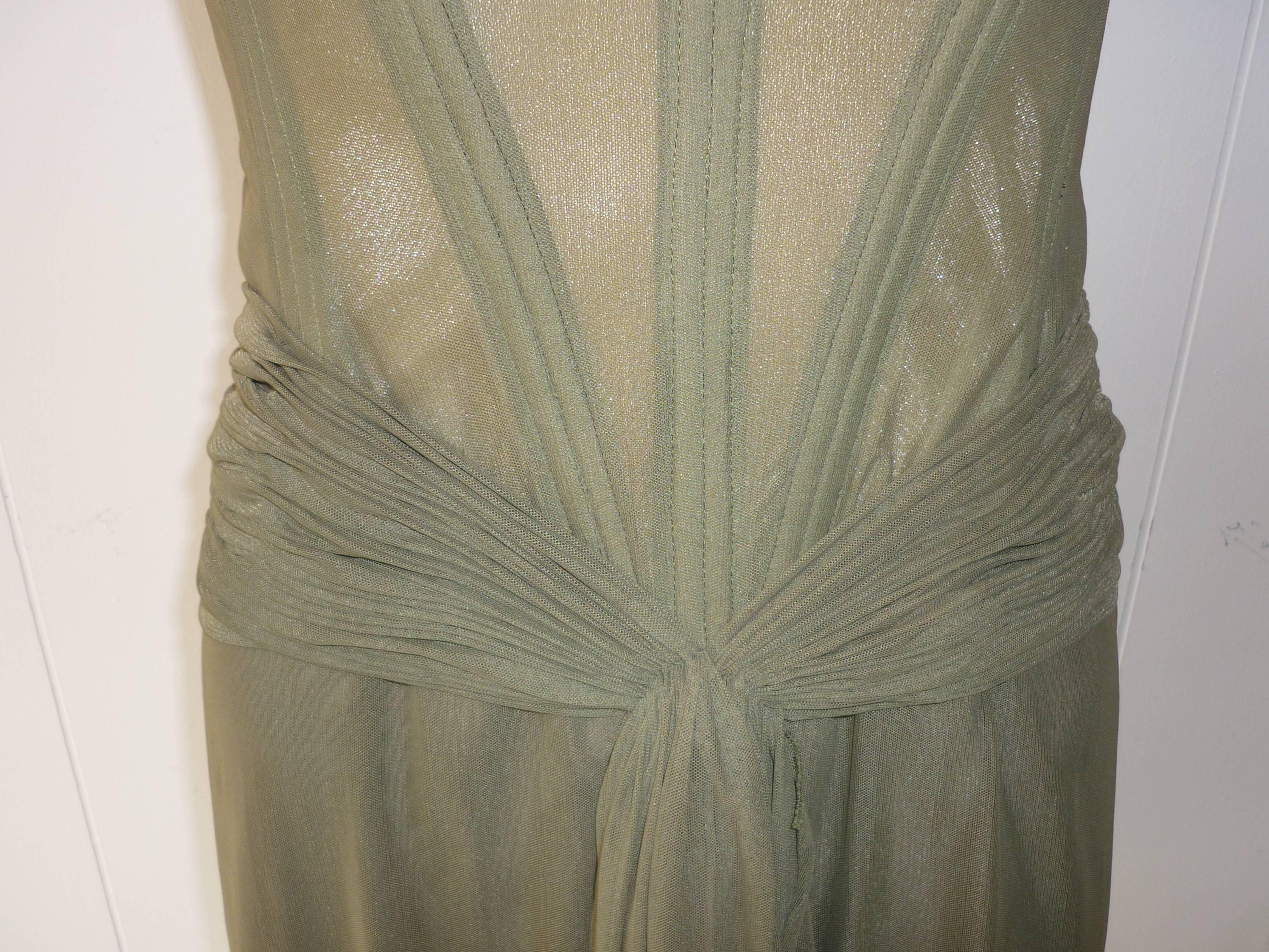 Black 1980s Vicky Tiel Couture Sage Green Silk Corset Dress (s)