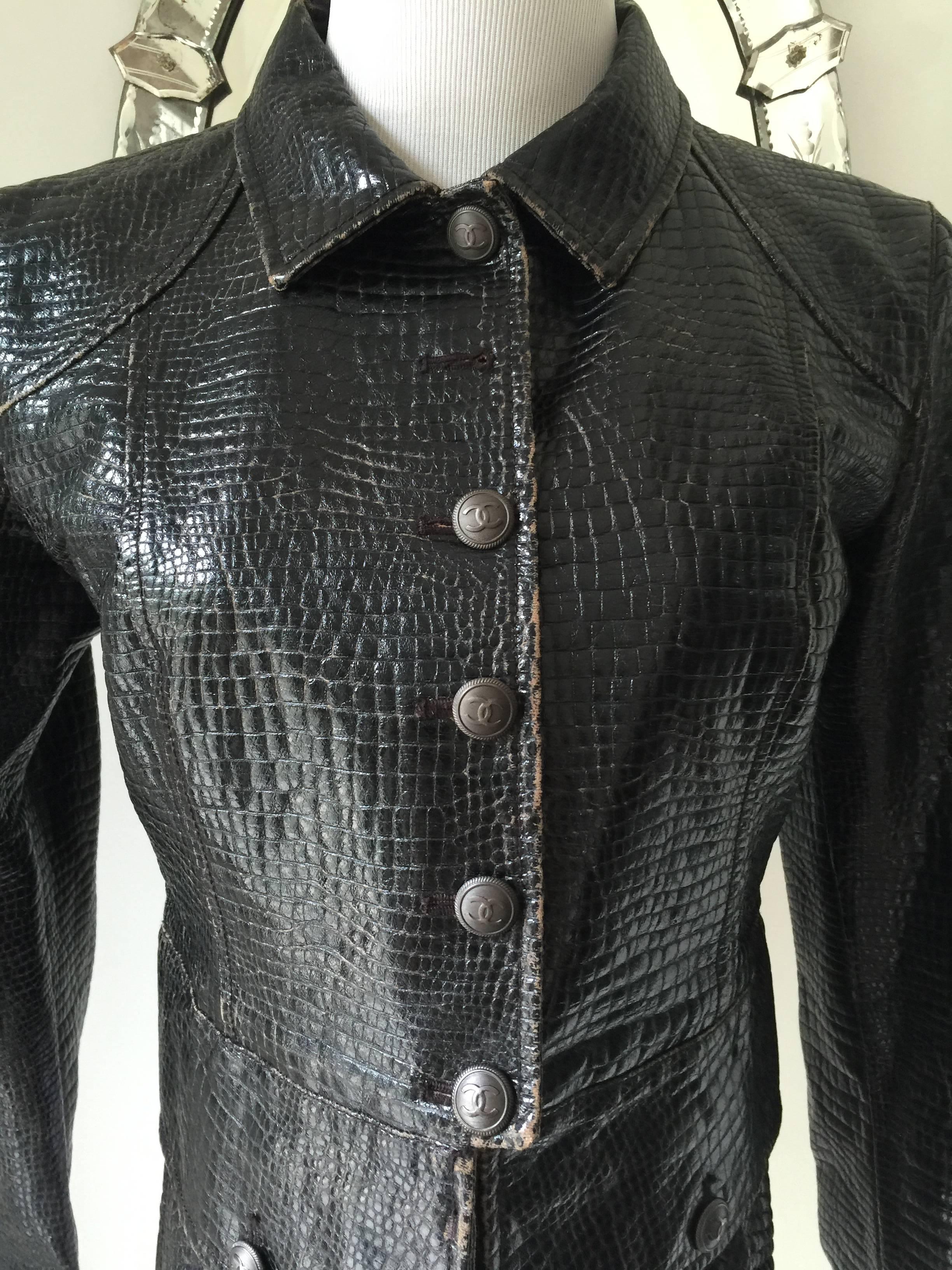 Black Unique Vegan Croc Embossed Chanel Jacket Sz. 42