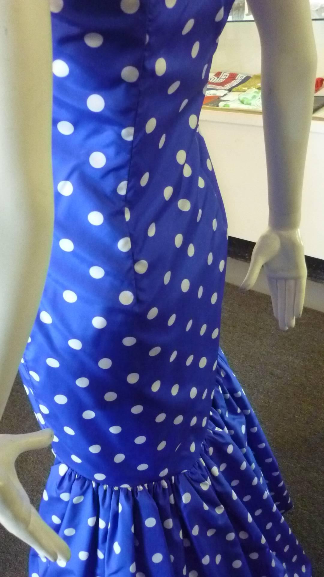 Women's 1980s Victor Costa Strapless Blue & White Polka Dot Mermaid Gown with Bolero