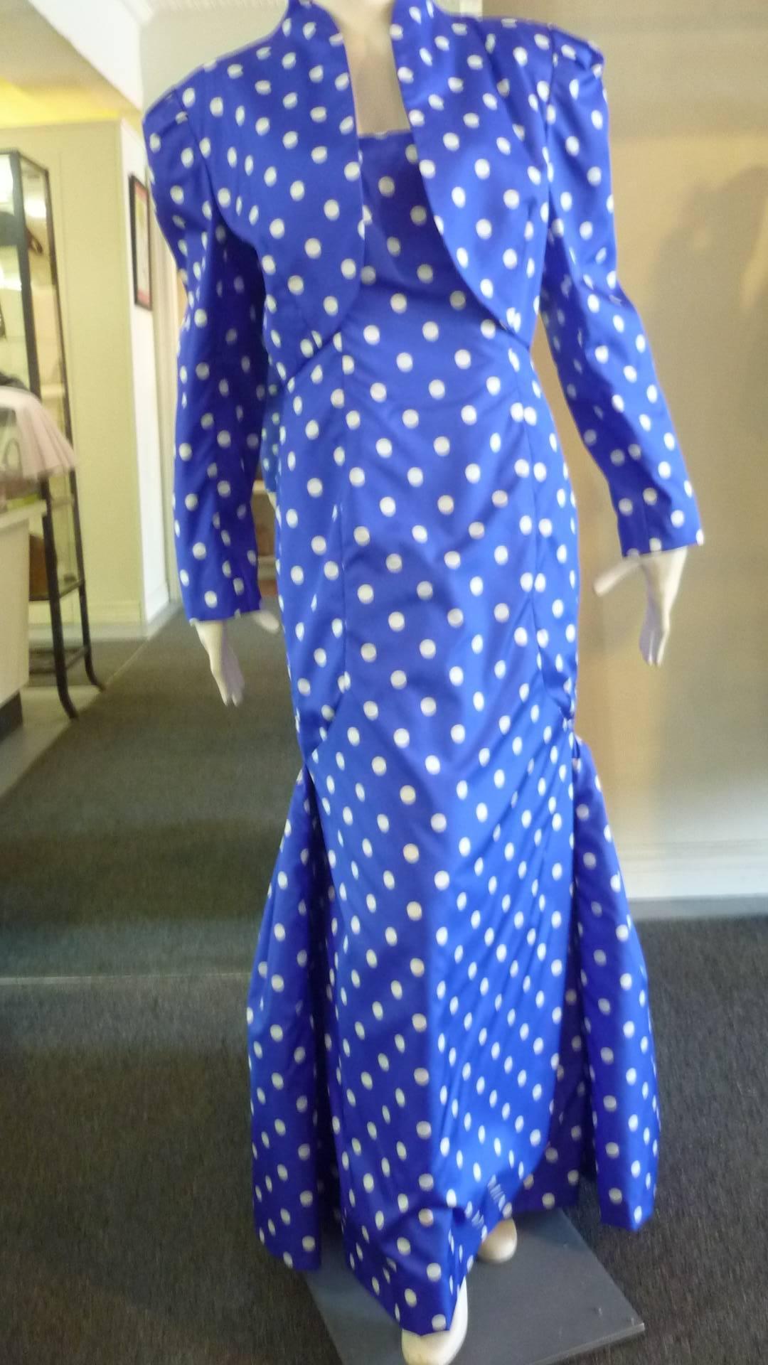 1980s Victor Costa Strapless Blue & White Polka Dot Mermaid Gown with Bolero In Excellent Condition In Port Hope, ON