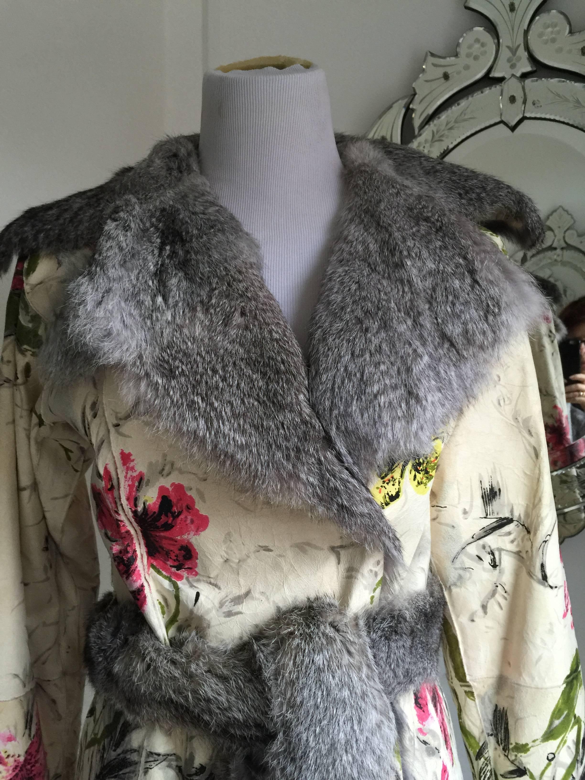 Dolce&Gabbana Fur and Floral Leather Painted Jacket S. In Excellent Condition In Port Hope, ON