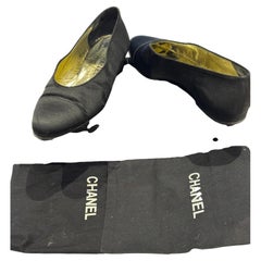 Chanel Late 90s early 2000s Black Satin Ballerina Flats 38.5 Dust Bags and Box