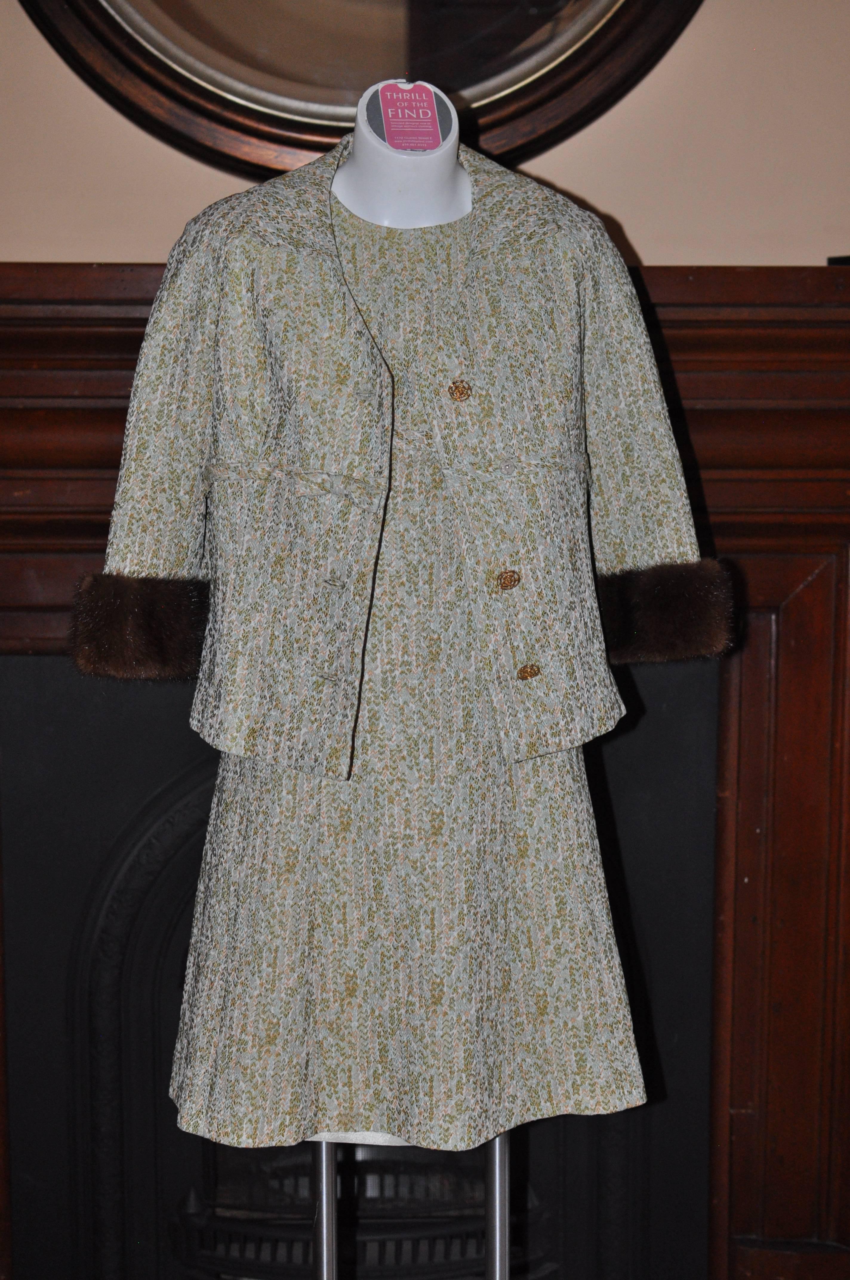 1960s Joshar Brocade Dress and Jacket with Mink Cuffs In Excellent Condition In Port Hope, ON
