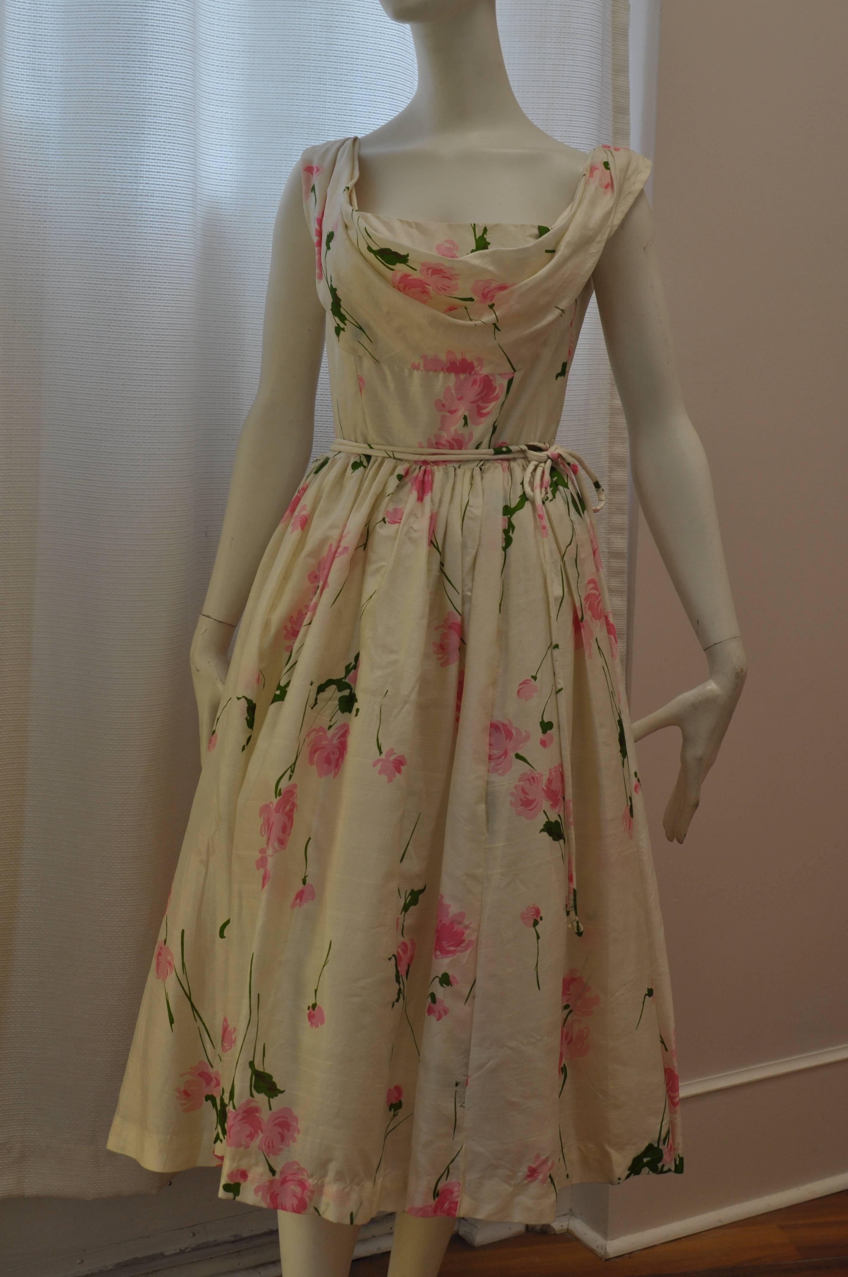 1950s Suzy Perette Raw Silk Floral Dress 1