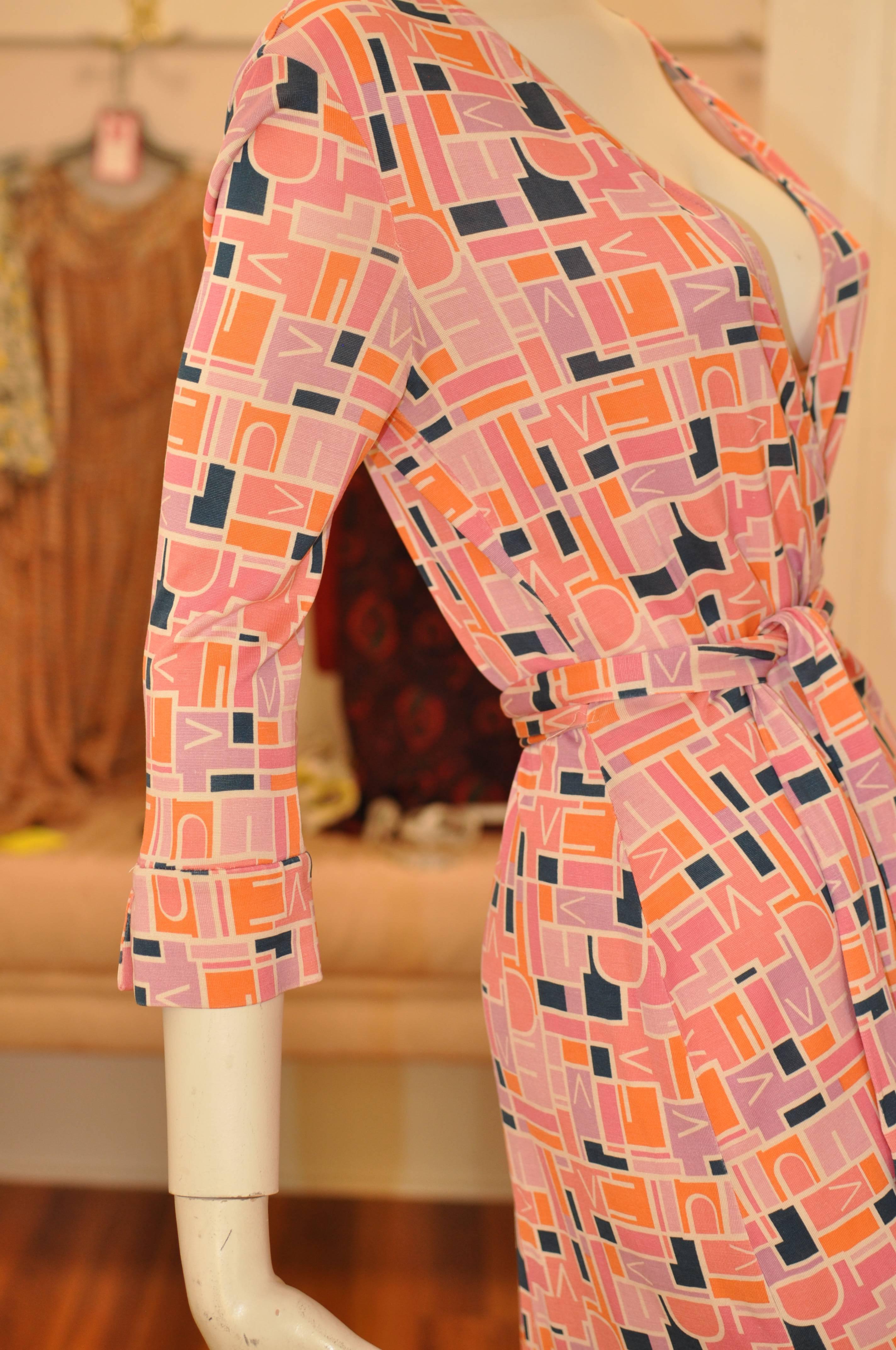 Orange Diane Von Furstenberg Jeanne Geometric Logo Print Silk Jersey Wrap Dress