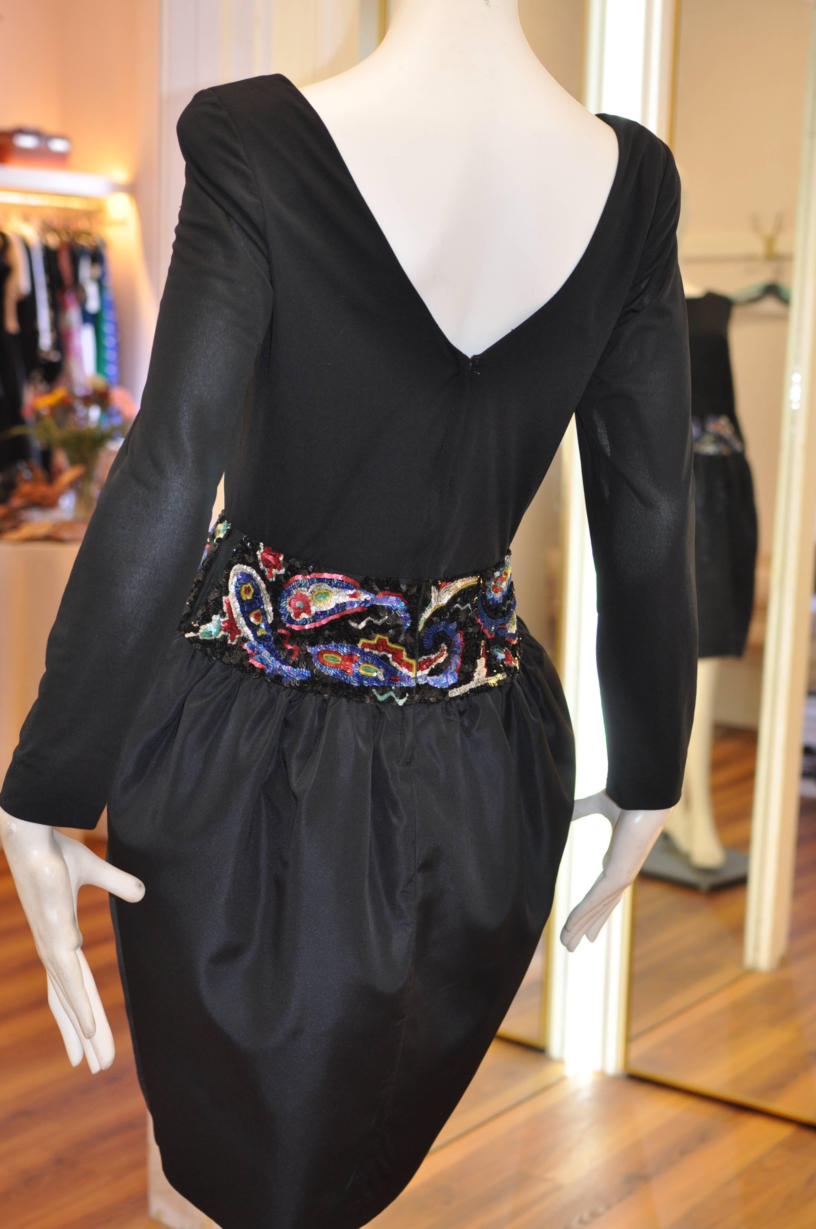 Women's 1980s Victor Costa Black Cocktail Dress w/ Jeweled Waist M For Sale