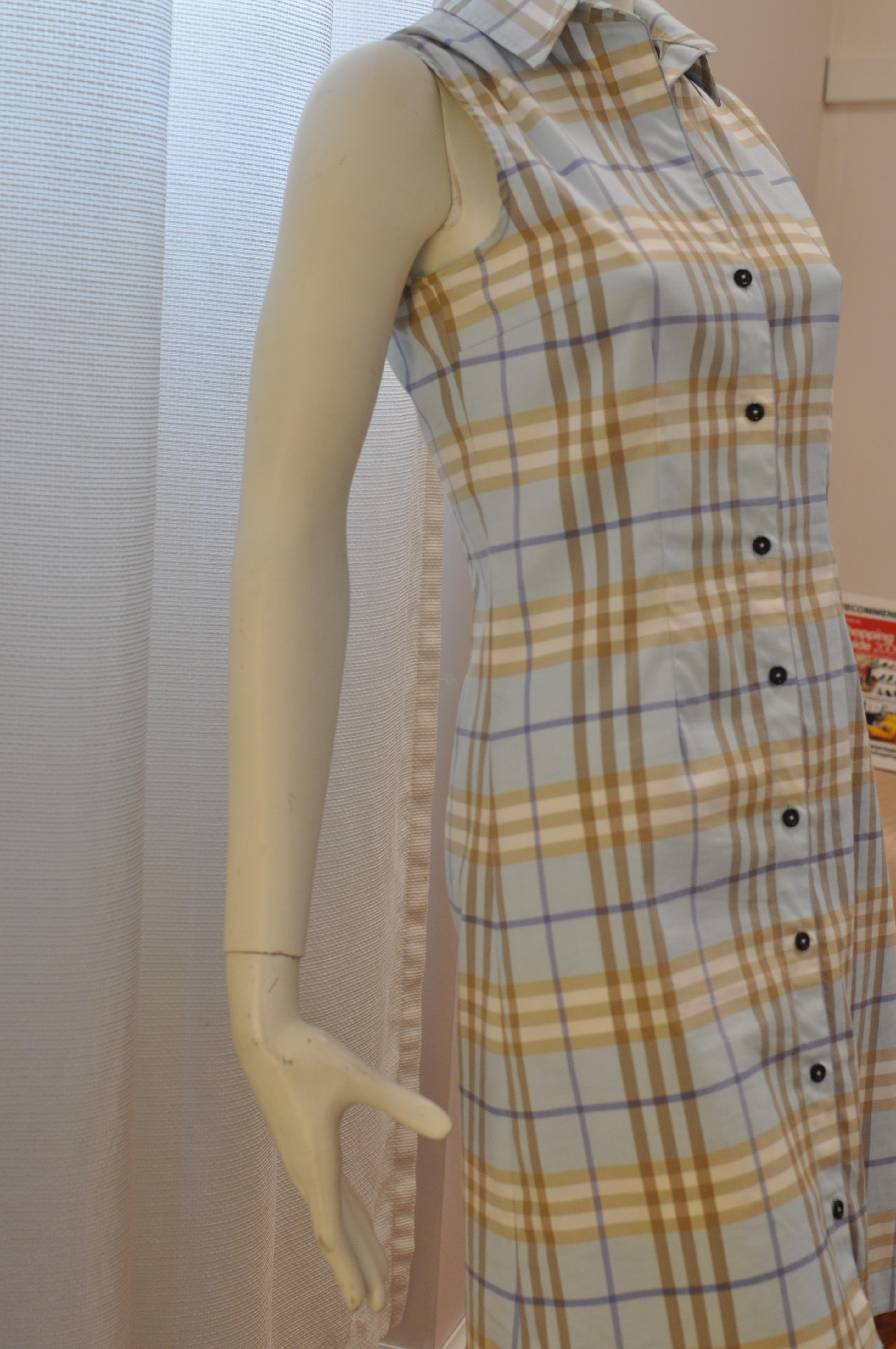 This is a blue beige nova check cotton blend sleeveless shirt dress. Such an easy dress to wear with sandals or add some nice shoes and sparkle and wear it in the evening.

