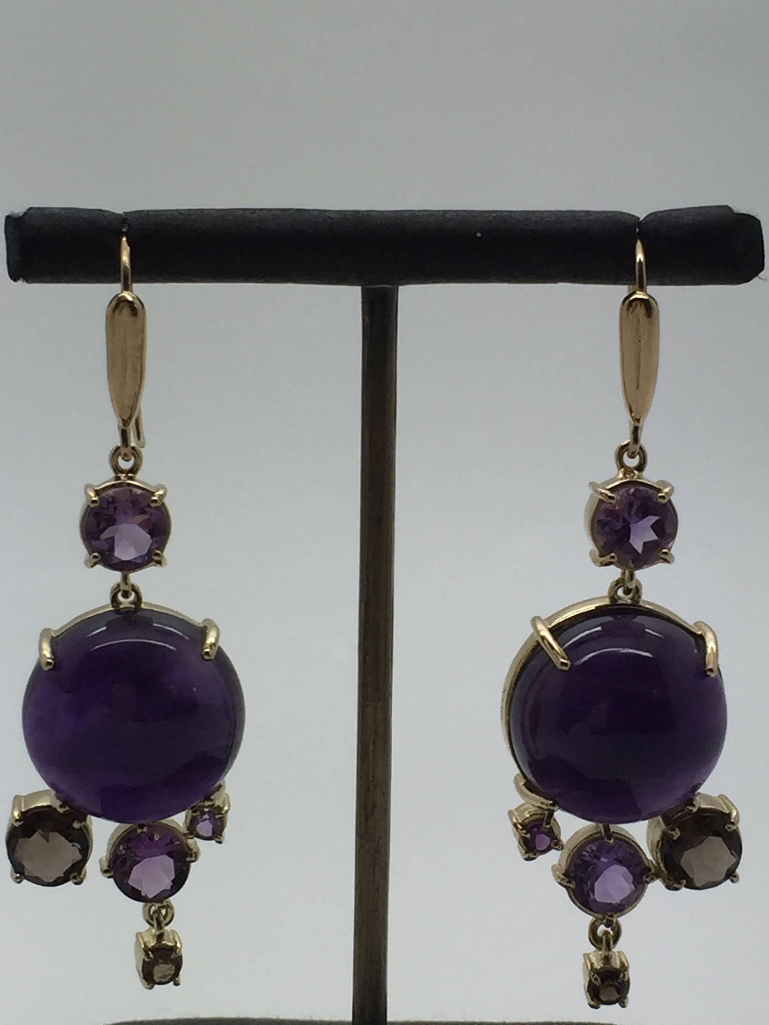 Mateo/Brown Earrings Cabochon Amethyst and Faceted Smoky Quartz In New Condition For Sale In London, London