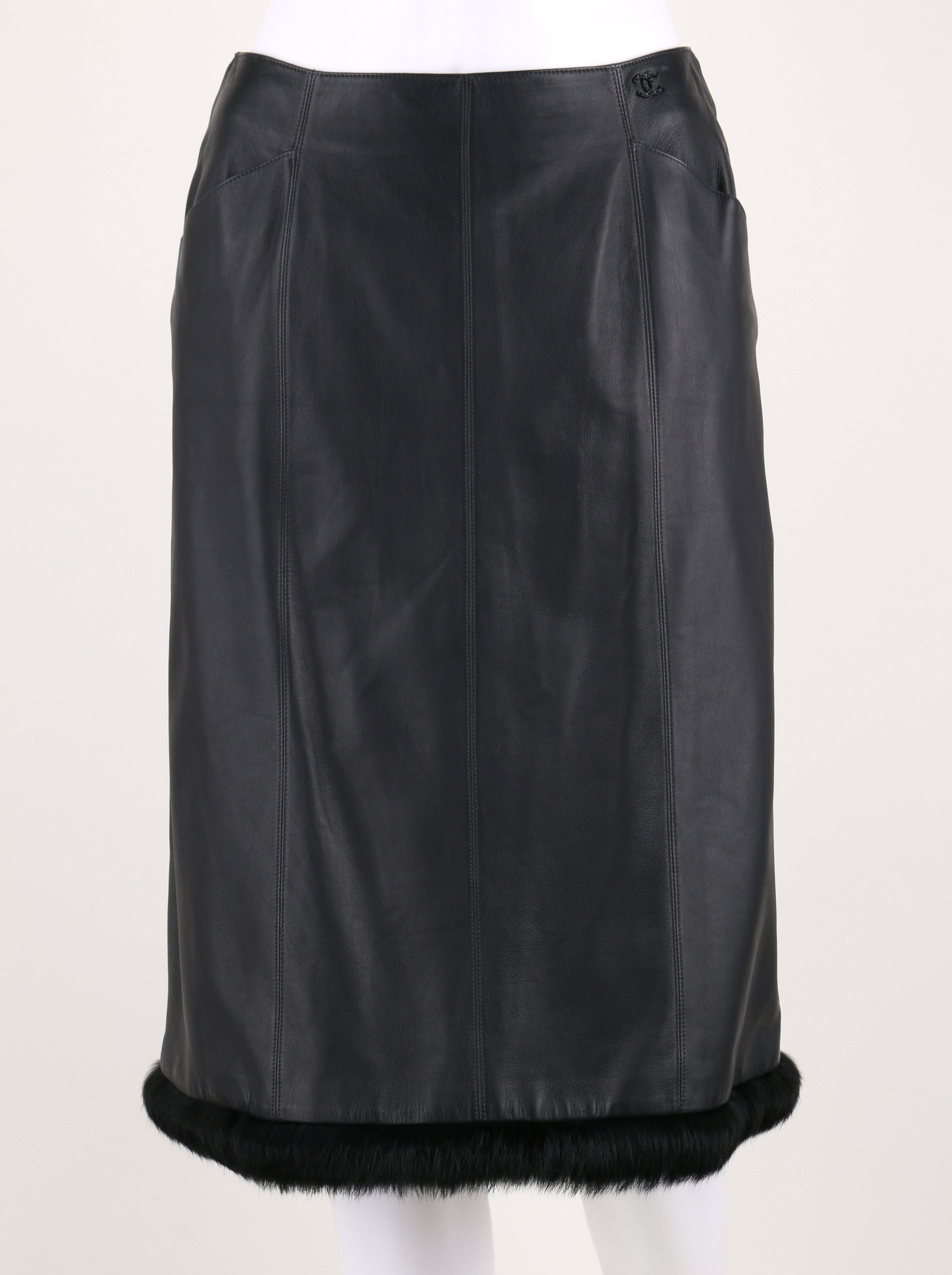 CHANEL 2 Pc Black Lambskin Leather Fur Trim Blazer Skirt Suit Set SZ 38 / 40 02A In Good Condition In Thiensville, WI