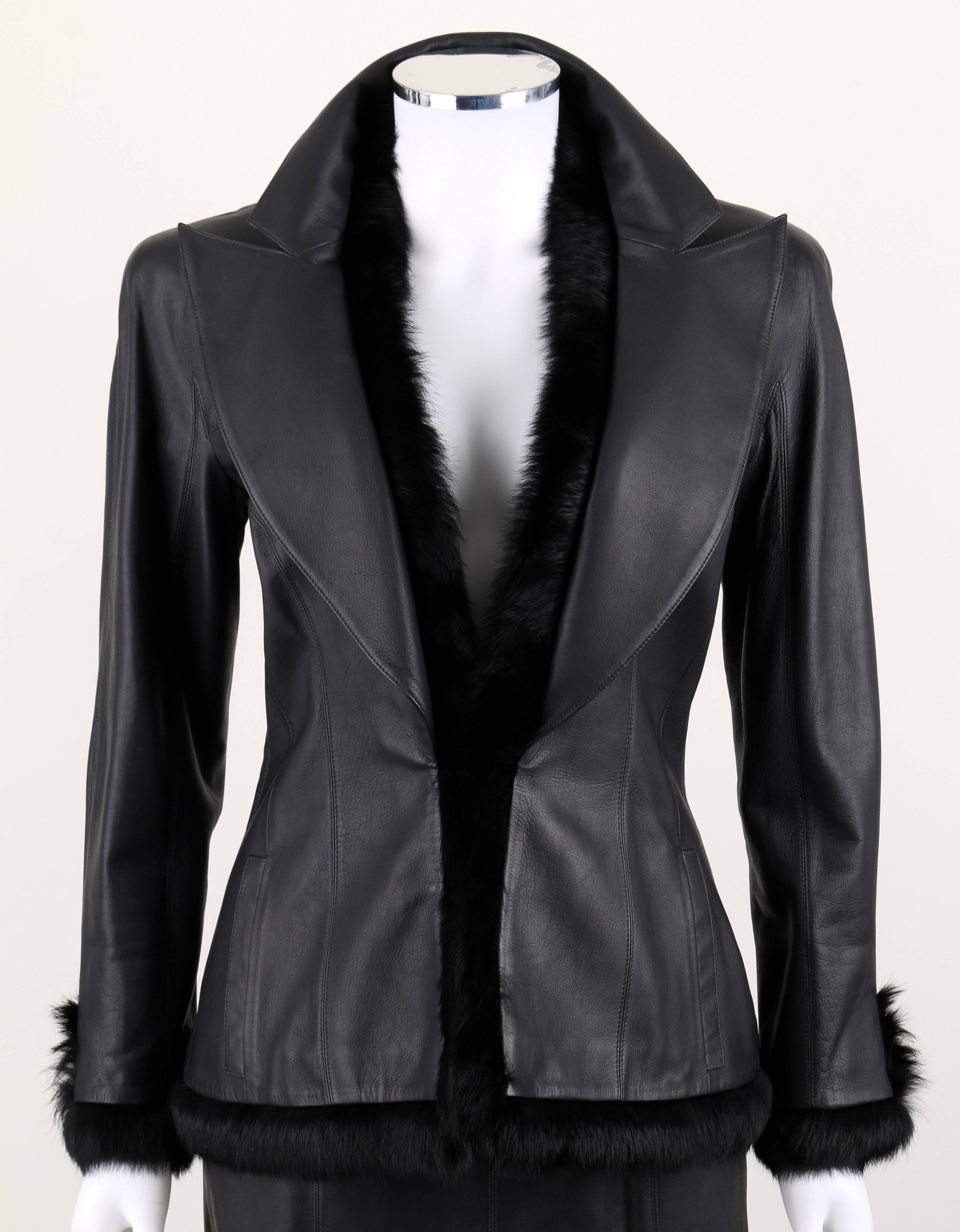 CHANEL 2 Pc Black Lambskin Leather Fur Trim Blazer Skirt Suit Set SZ 38 ...