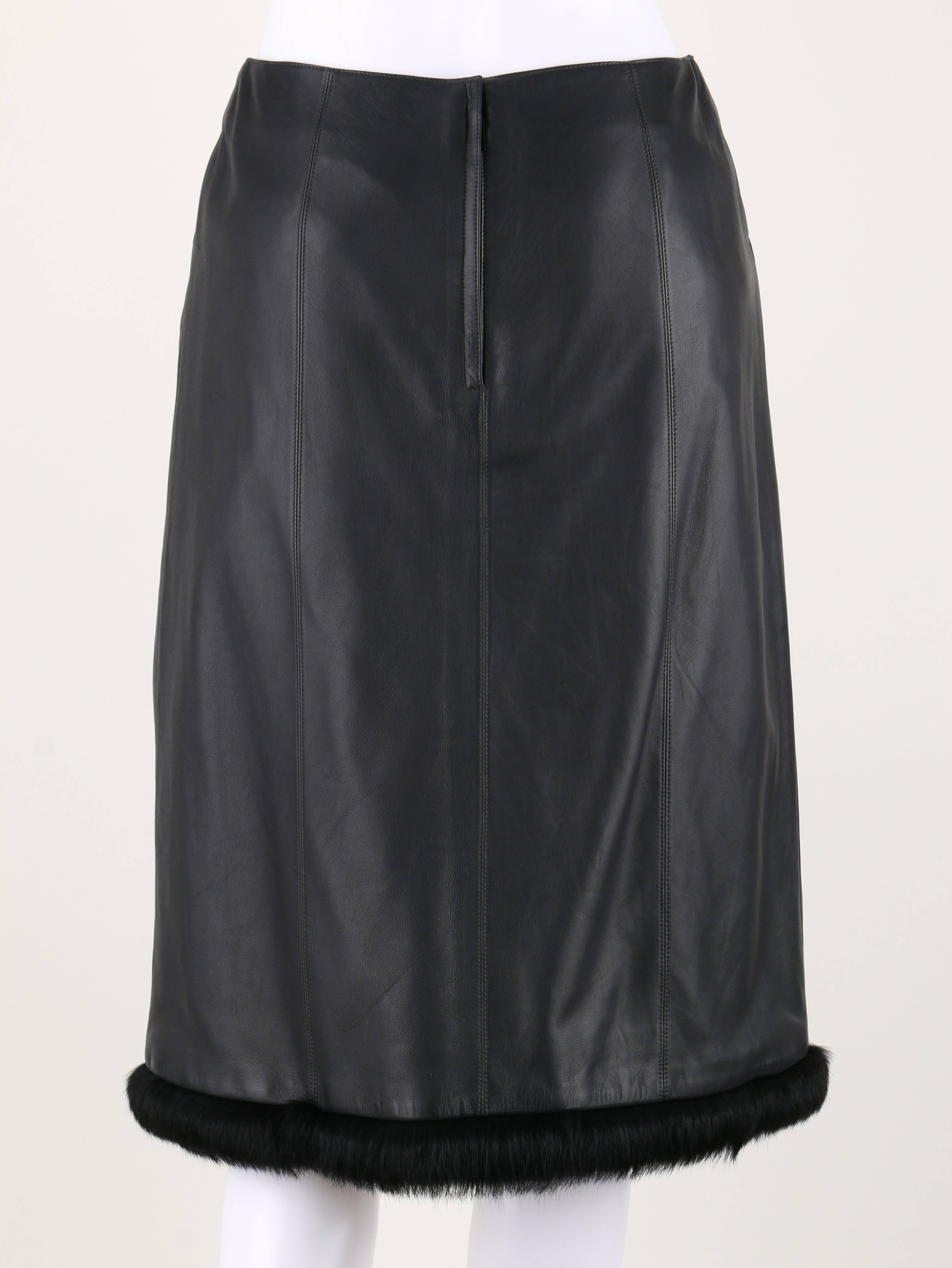 Women's CHANEL 2 Pc Black Lambskin Leather Fur Trim Blazer Skirt Suit Set SZ 38 / 40 02A