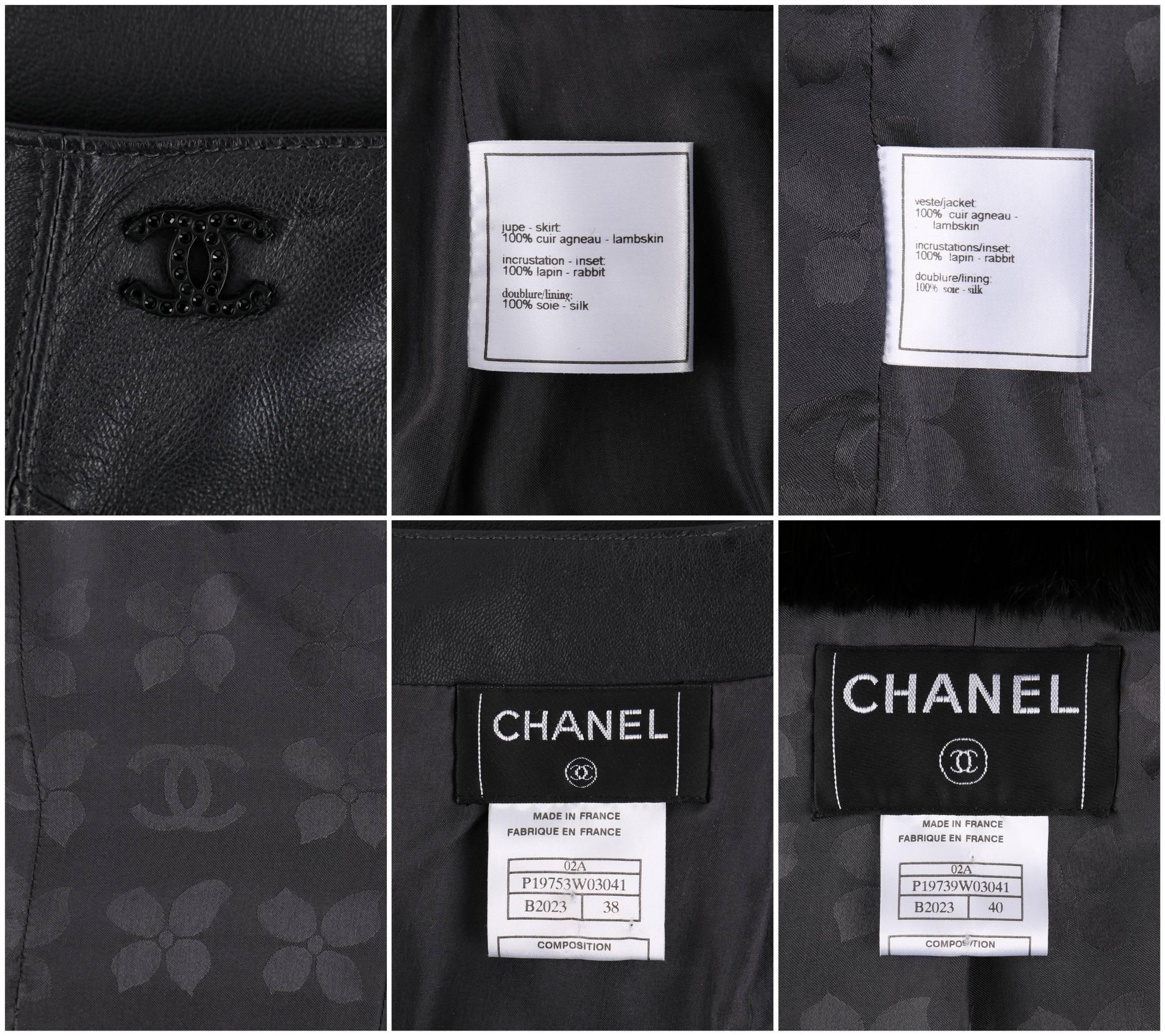 CHANEL 2 Pc Black Lambskin Leather Fur Trim Blazer Skirt Suit Set SZ 38 / 40 02A 3