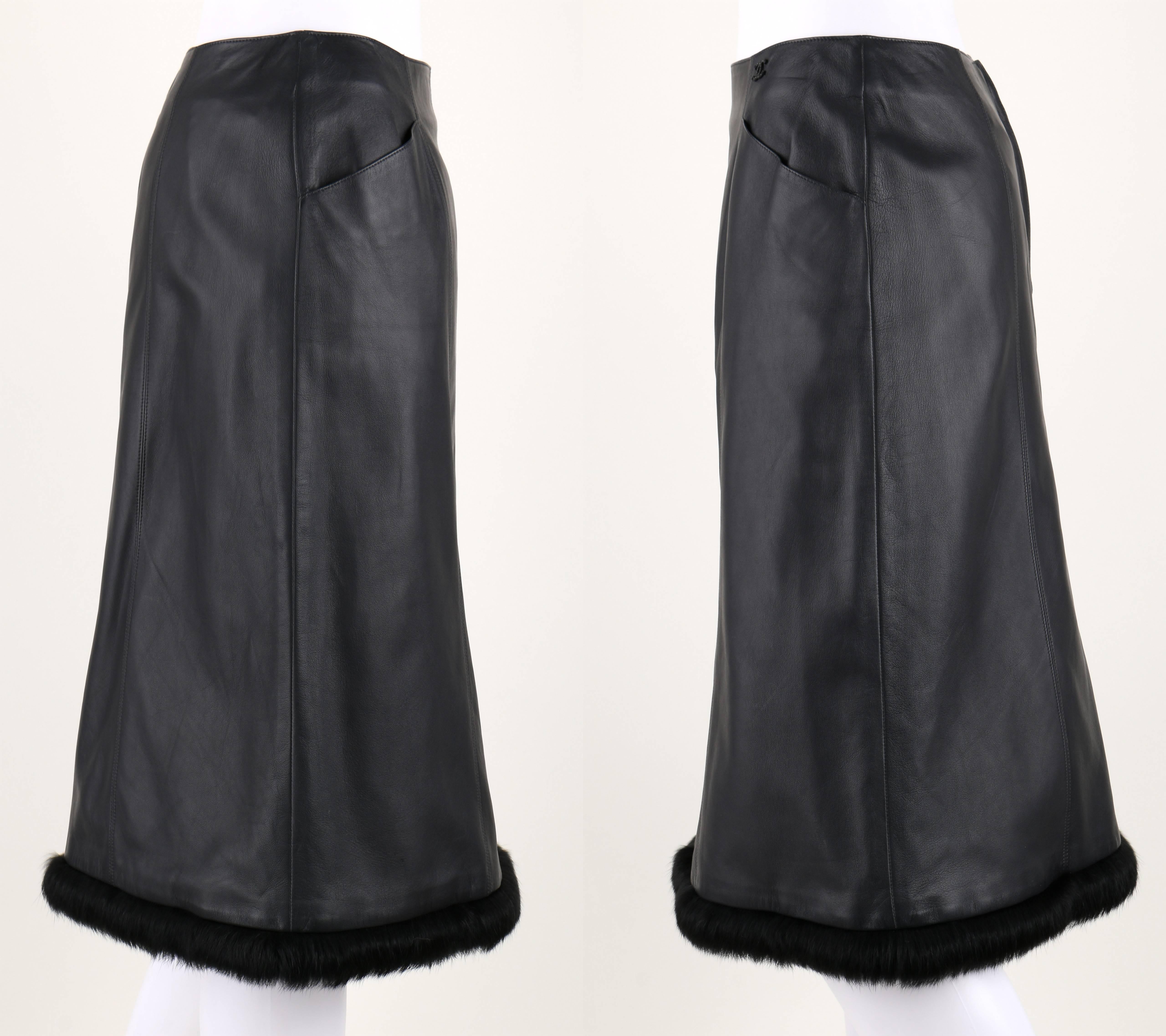 CHANEL 2 Pc Black Lambskin Leather Fur Trim Blazer Skirt Suit Set SZ 38 / 40 02A 1