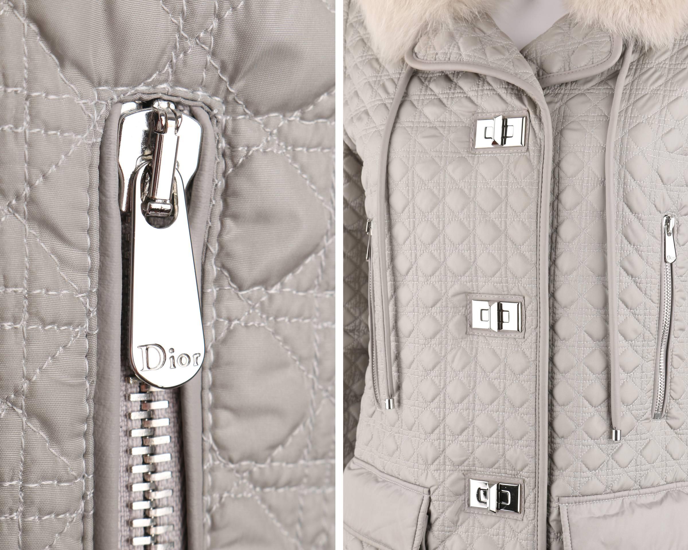CHRISTIAN DIOR Gray Lady Dior Quilted Hooded Coat Genuine Fox Fur Trim Size 38 3
