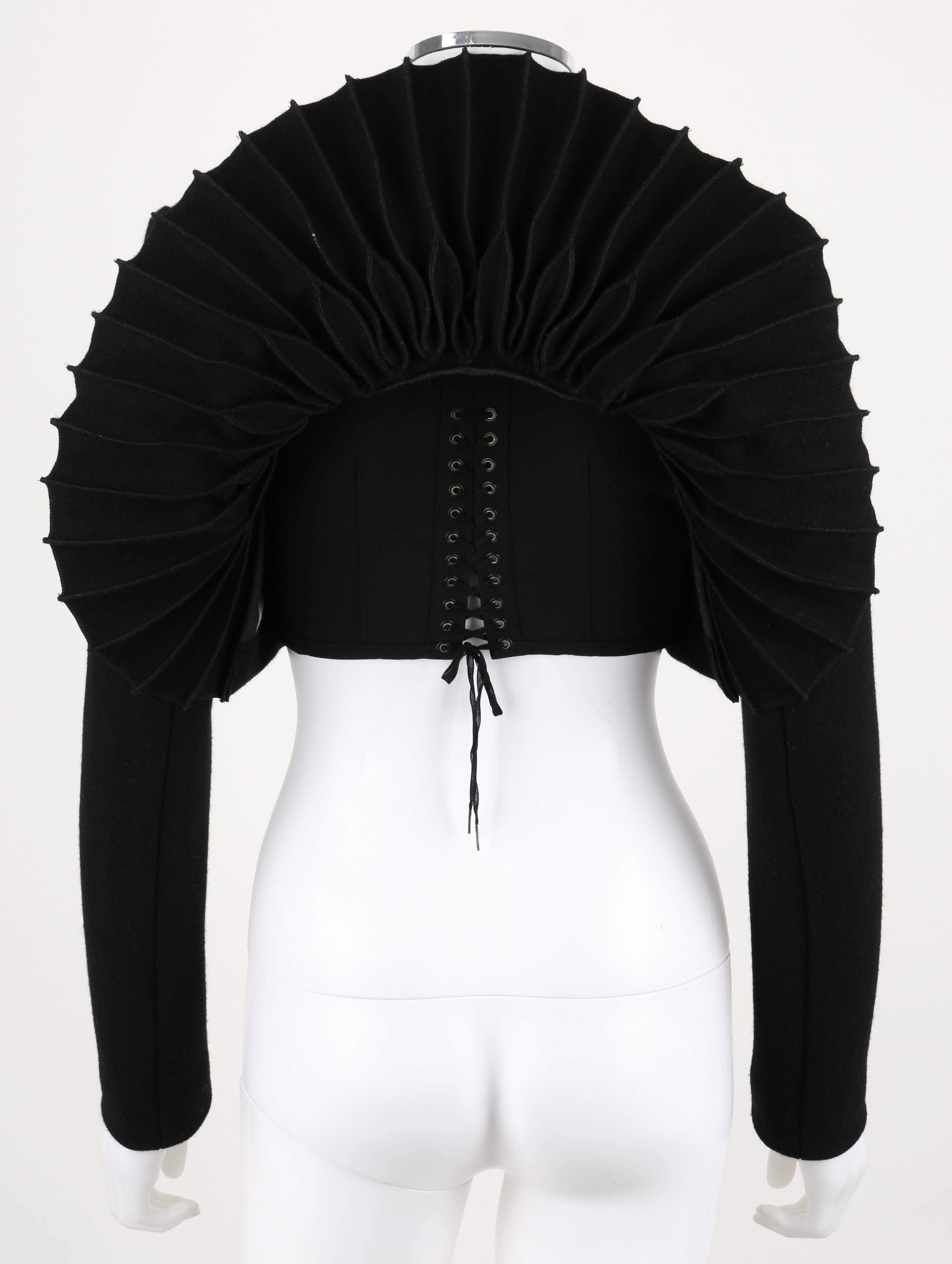 Women's AZZEDINE ALAIA Paris Black Wool Cashmere Pleated Cropped Jacket Bolero Size 36