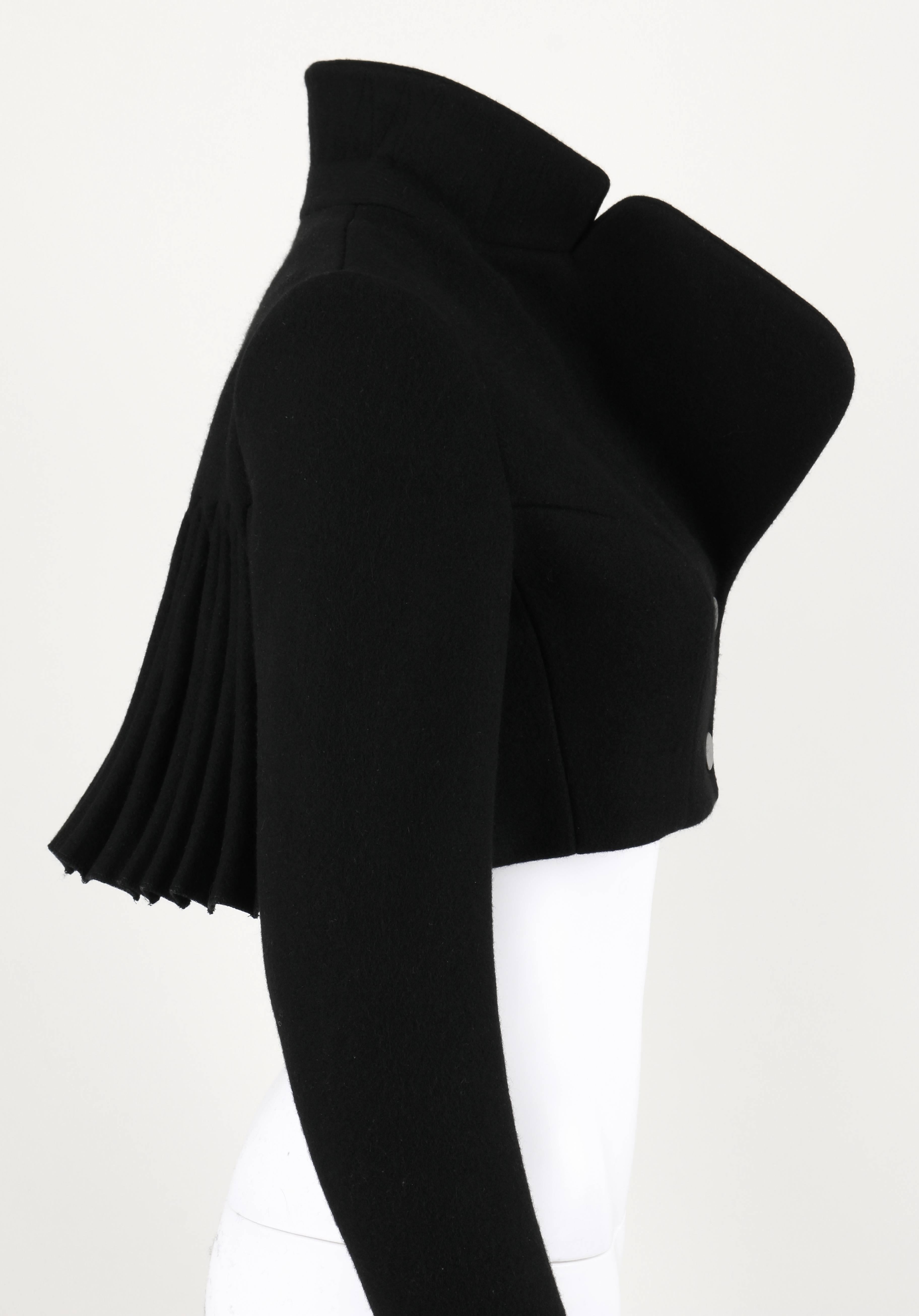 AZZEDINE ALAIA Paris Black Wool Cashmere Pleated Cropped Jacket Bolero Size 36 1