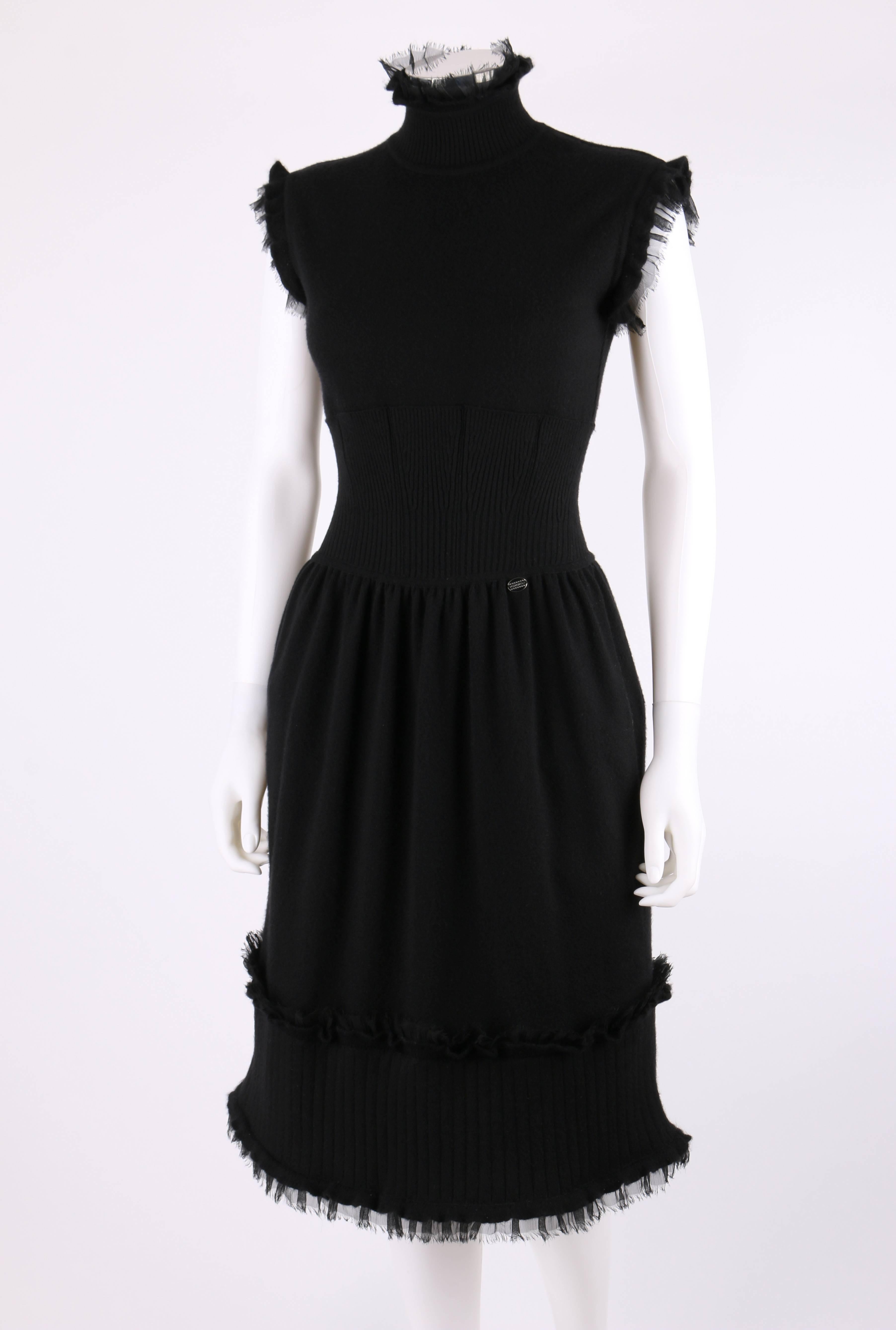 CHANEL Pre Fall 2008 Black Cashmere Knit Mock Neck Dress Silk Raw Edge Trim 34 In Good Condition In Thiensville, WI